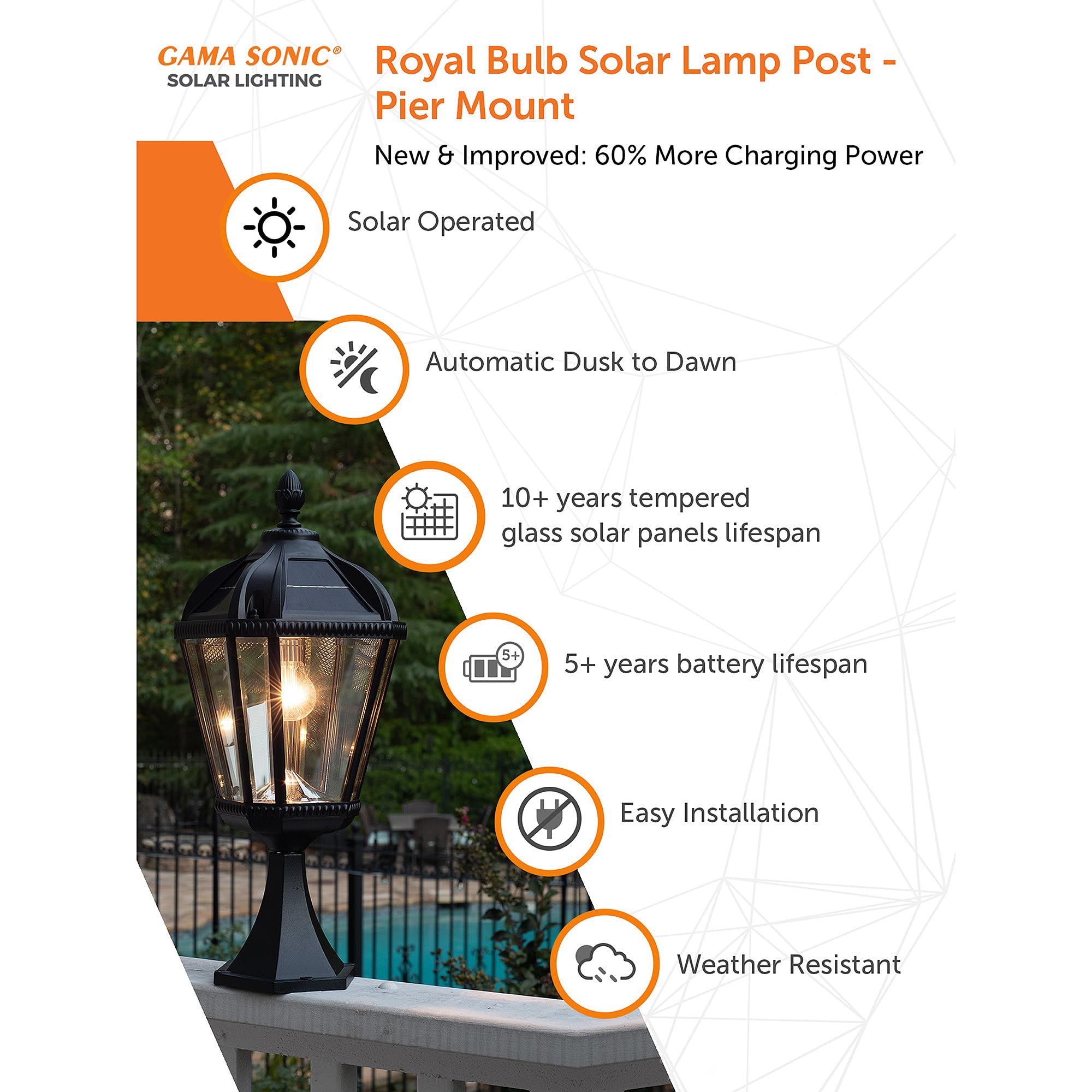 Gama Sonic Outdoor Solar Post Light, Black Aluminum, Beveled Glass, 120 Lumens, Pier Mount, Model GS-98B-P-BLK