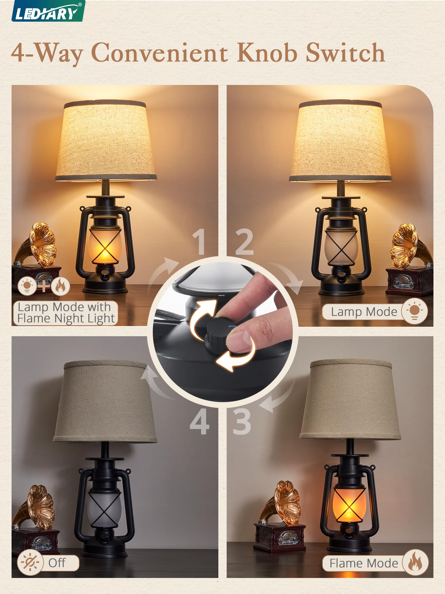 Lediary 18.72&quot; Black Led Lantern Flickering Flame Table Lamps For Bedrooms Set Of 2, Small Farmhouse Rustic End Table Lamps, Halloween Decorative Lantern Bedside Lamps For Living Room