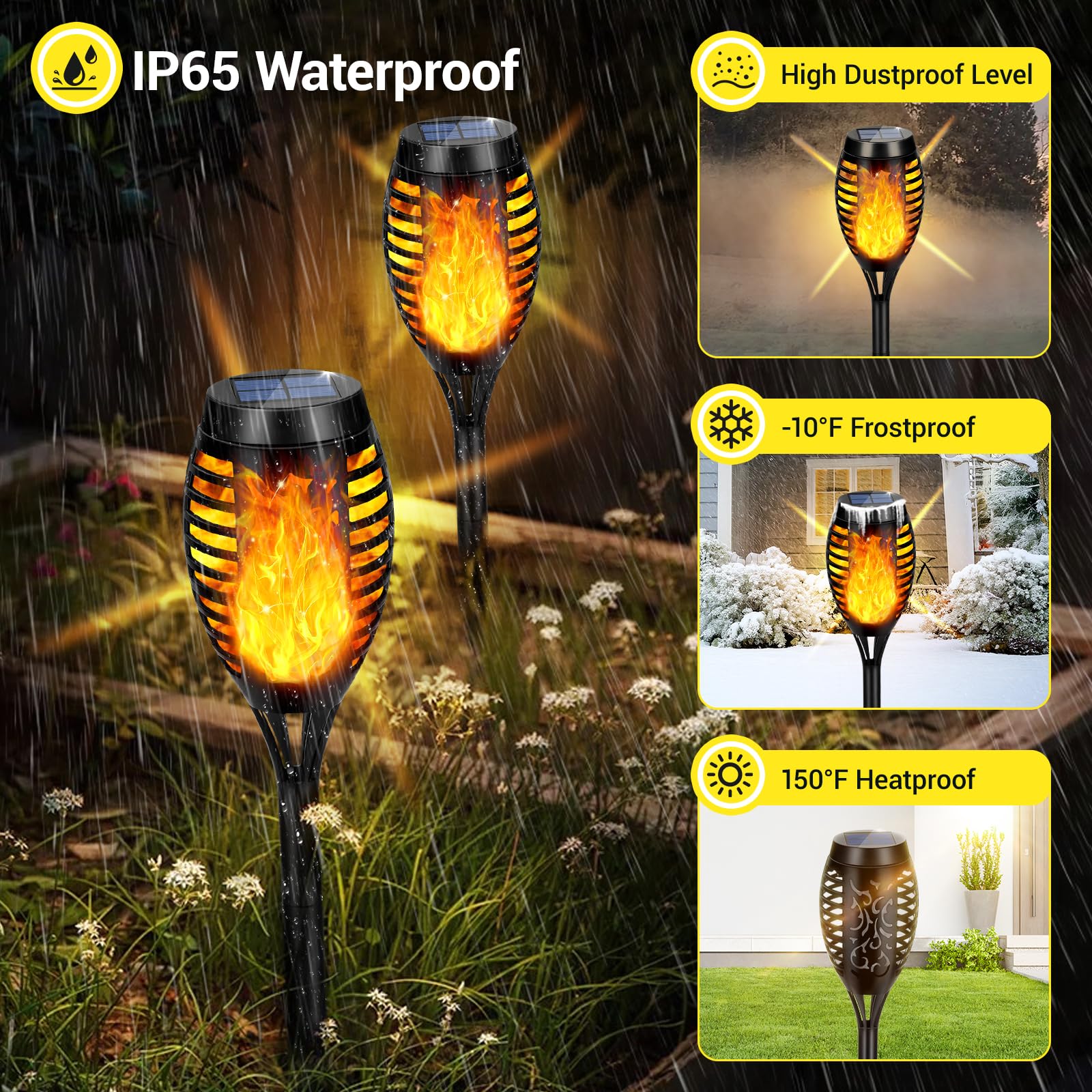 AOUNQ Solar Torch Lights, Upgraded 10 Pack, Waterproof Flickering Flame, Yellow, AO-USA 03-10Y