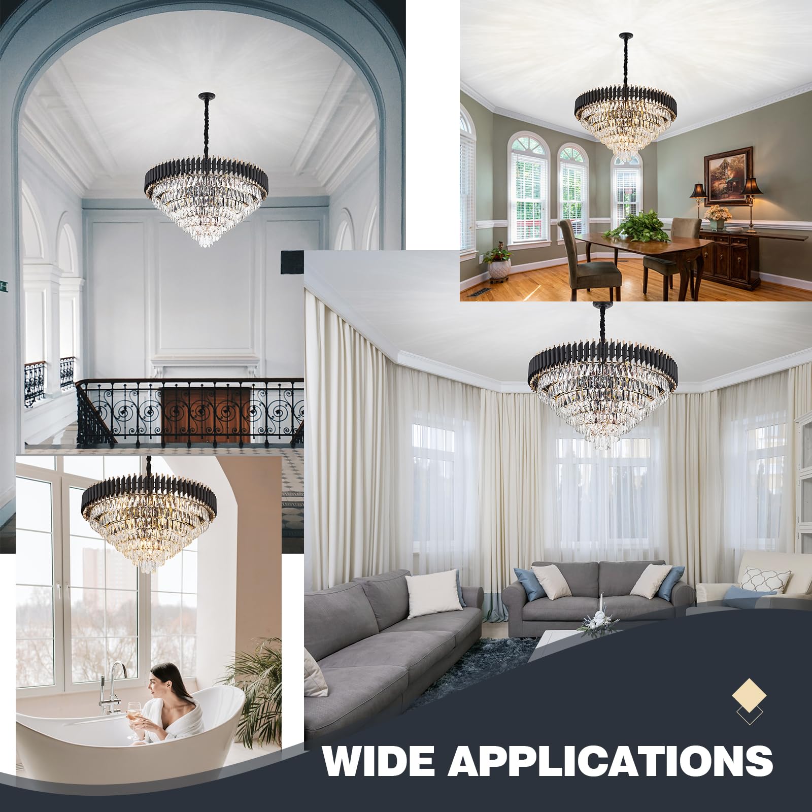 brfaixla 7-Tier Crystal Chandelier, 35.4" Diameter, 18-Light, Black & Gold, Modern Ceiling Light Fixture for Living Room, Villa, Foyer
