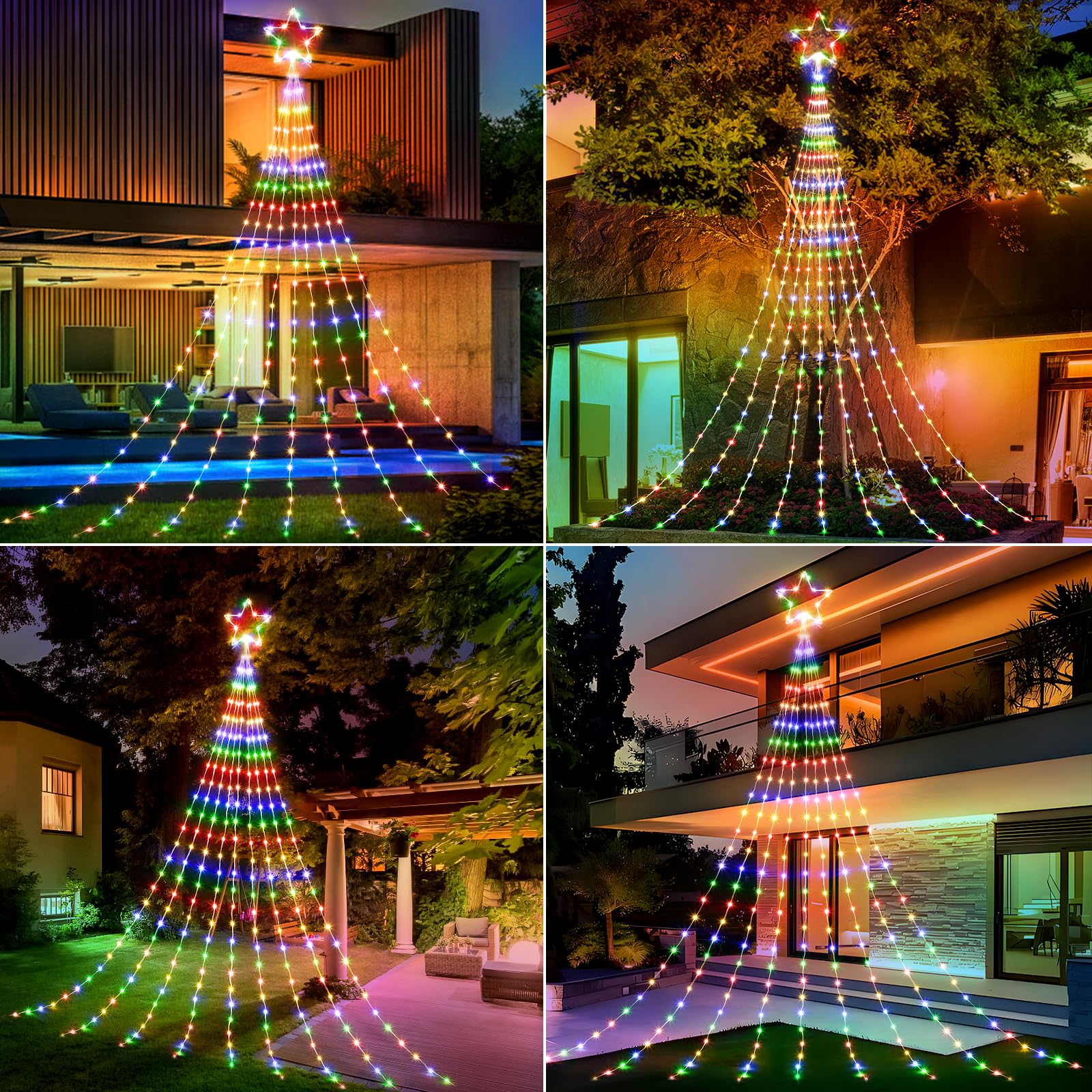 Christmas Decorations Star String Lights - 660 Led 24Ft 9 Strands Waterfall Tree Lights With Topper Star, 8 Lighting Modes Multi