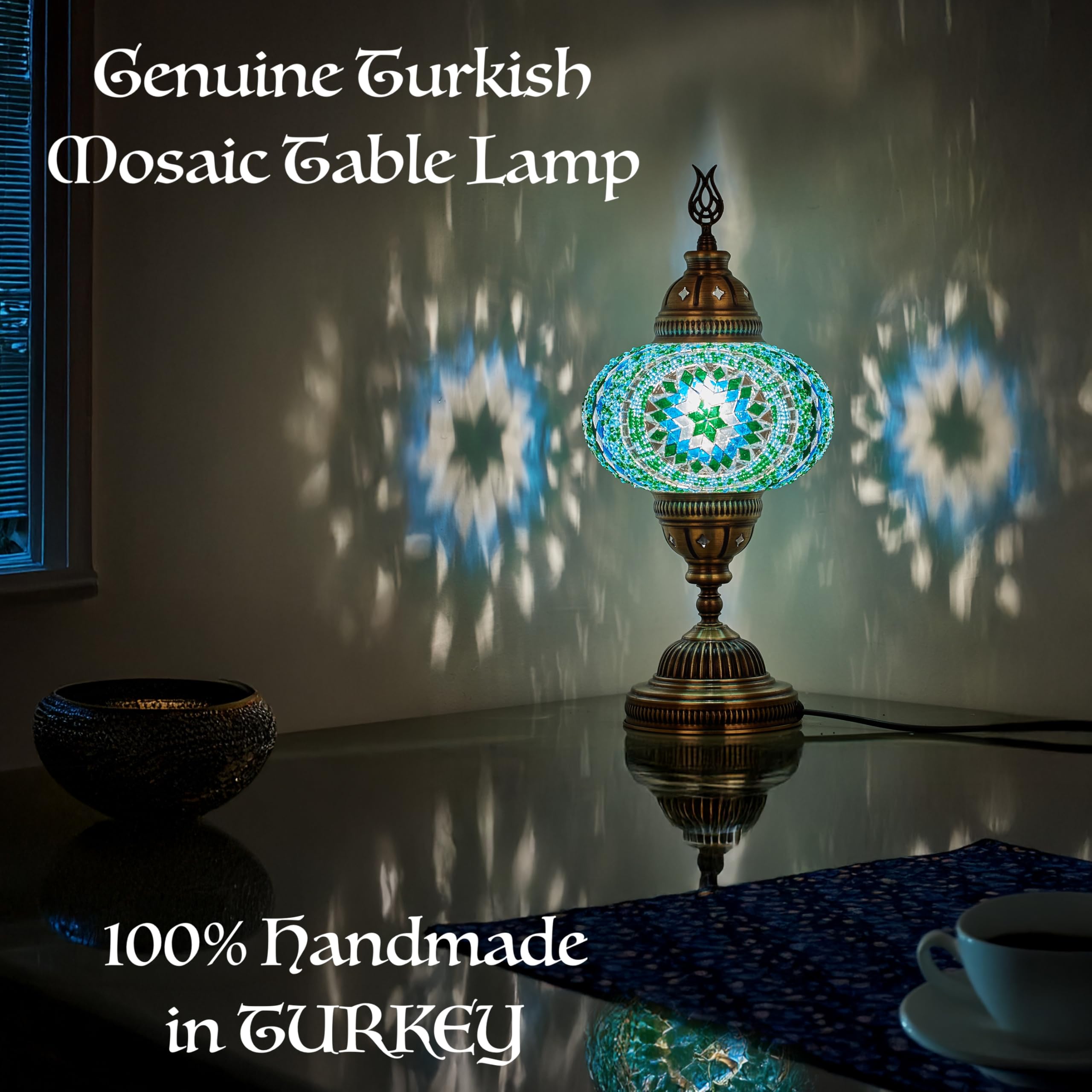 DEMMEX 7 Large Globe Turkish Moroccan Mosaic Table Lamp - Handmade Tiffany-Style Glass Lampshade, Colorful Desk Bedside Light, E