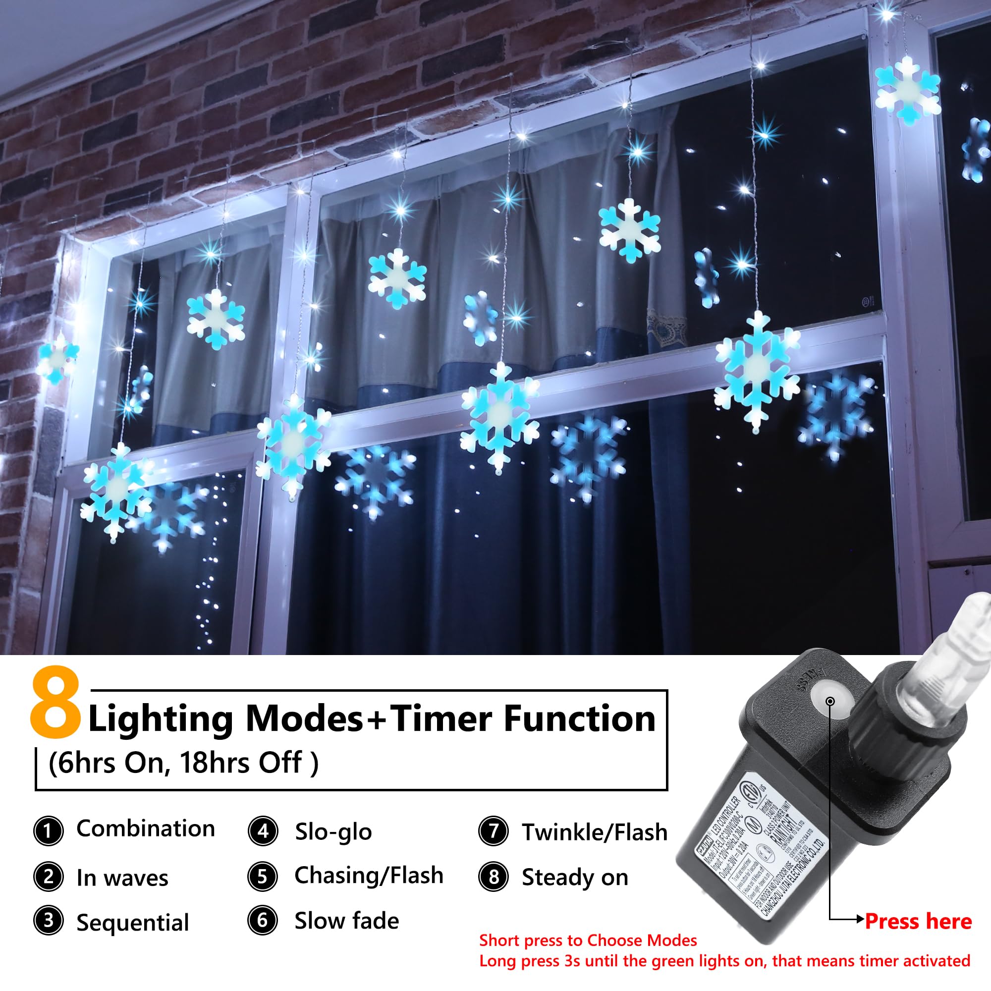 Toodour 17.22ft LED Snowflake Lights - 264 Waterproof Icicle Lights in White & Ice Blue, 8 Modes, Model LED08240264
