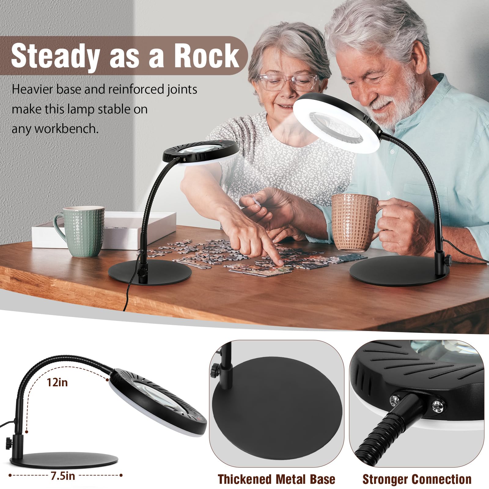 10X Magnifying Glass With Light And Stand, 5 Color Modes Stepless Dimmable Led Desk Lamp, Adjustable Flexible Gooseneck Lighted