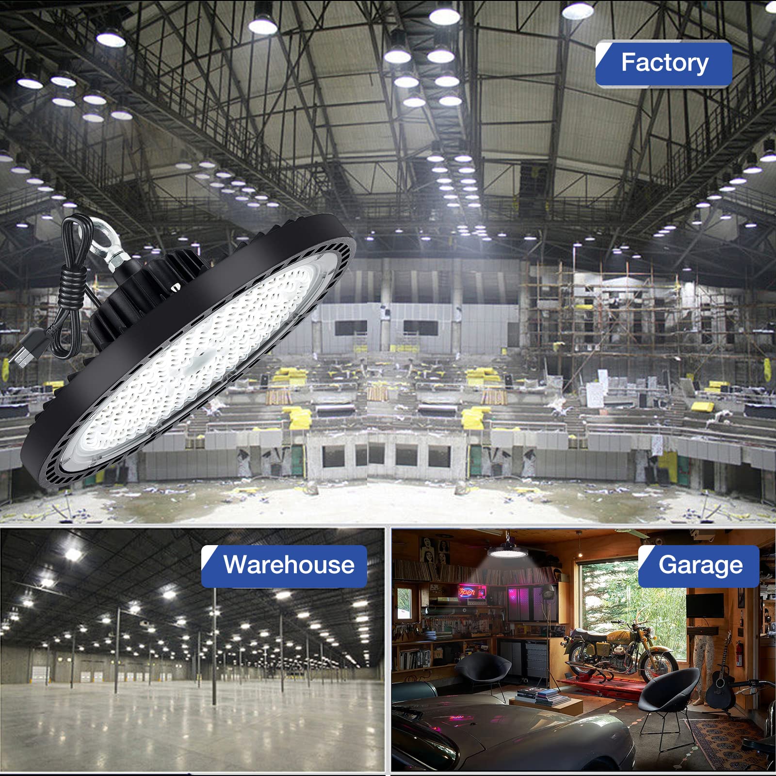 Evbforu 4 Pack Ufo Led High Bay Light, 200W Led High Bay Light, 5000K Led Shop Light With 29,000Lm,Us Plug, Ip66 Commercial Warehouse Area Light For Wet Location Area, Workshop, Garage