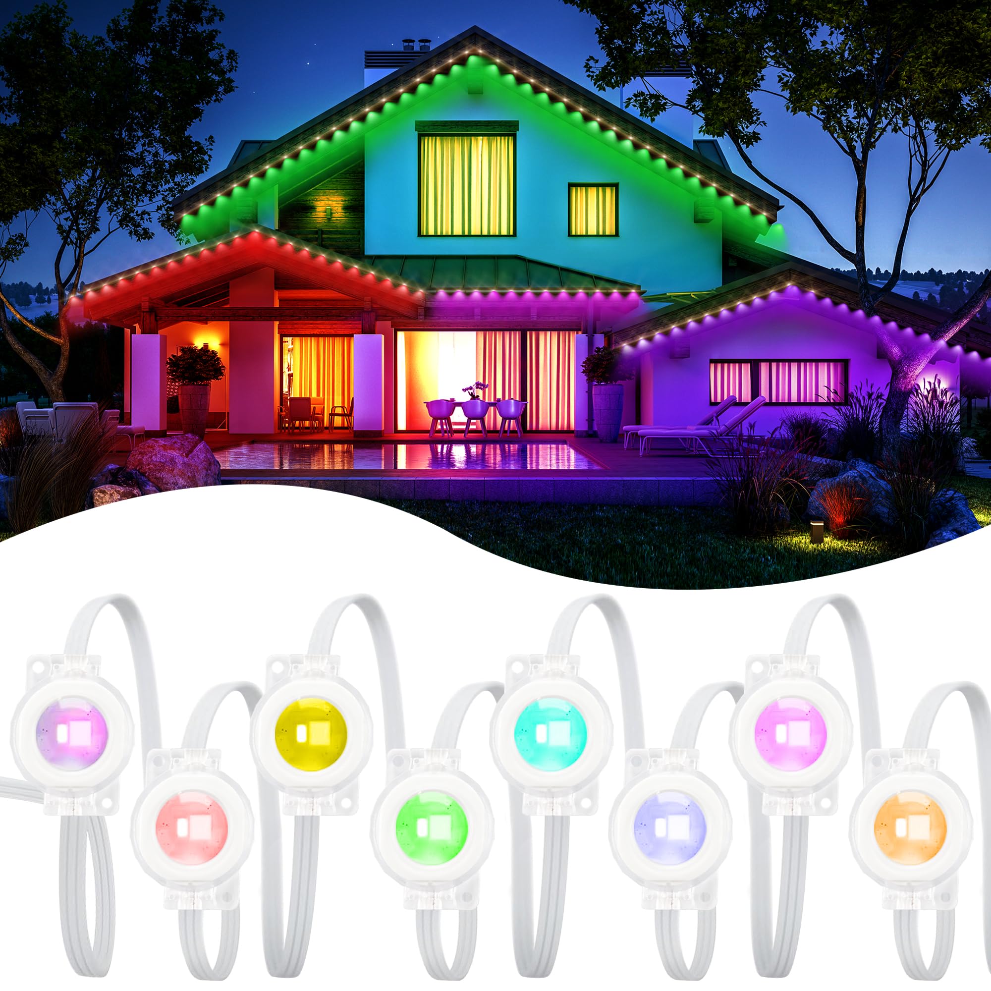 VCOKEN Outdoor Lights, 111ft Smart LED Eaves Lights, IP65 Waterproof, Red, Model AED36H-2401500VLSO8