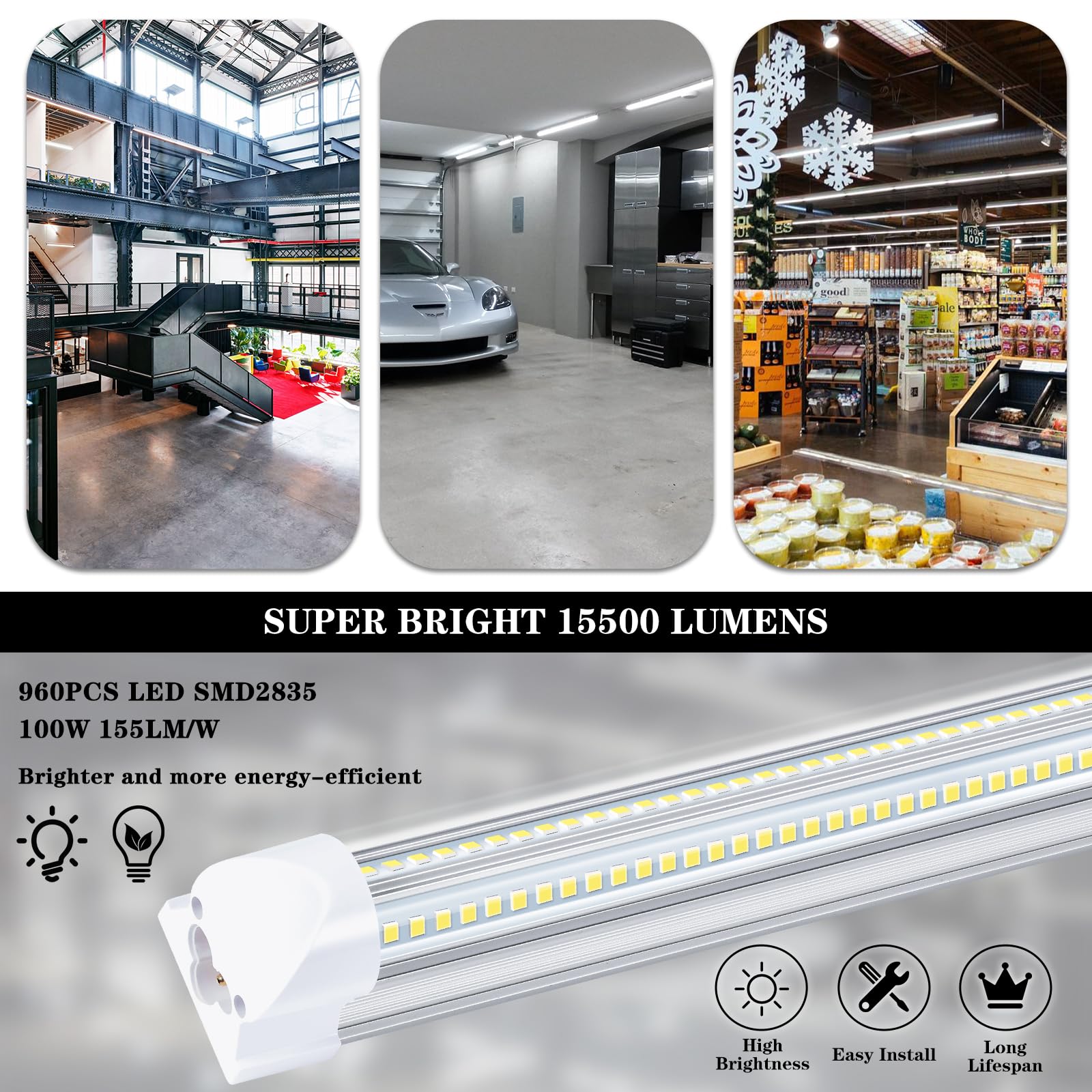 Gugsey 8Ft Led Shop Light Fixture - 100W 15500Lm T8 Shop Lights For Garage, 6000K 8 Foot Daylight V Shape Linkable Garage Lights