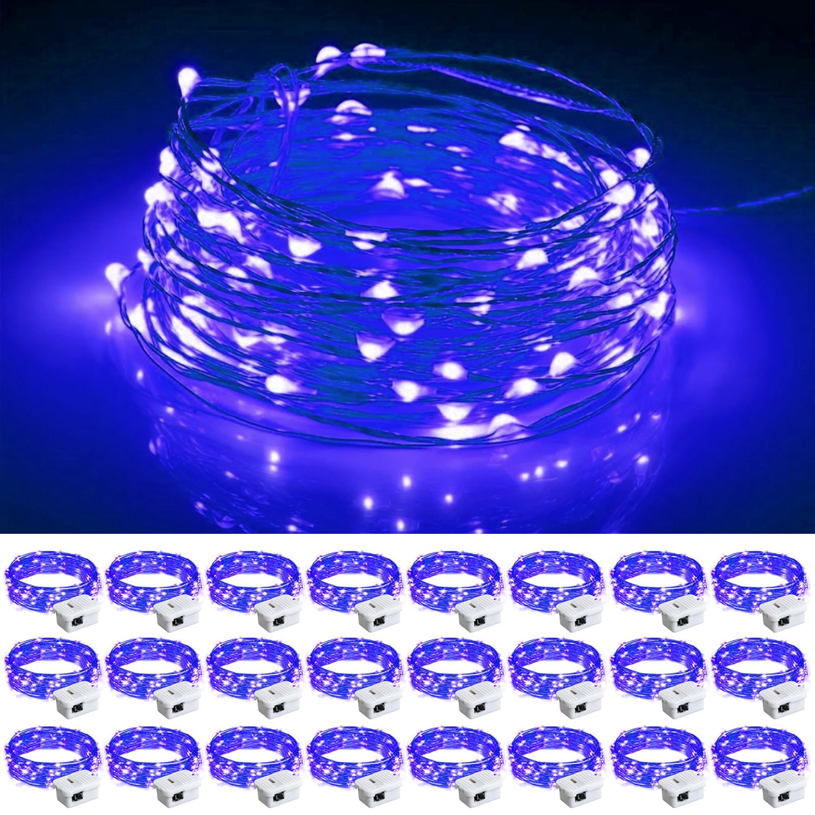 chzk 24 Pack Blue Fairy Lights, 7ft 20 LED Battery Operated Mini String Lights, Copper Wire, Christmas Halloween Decorations