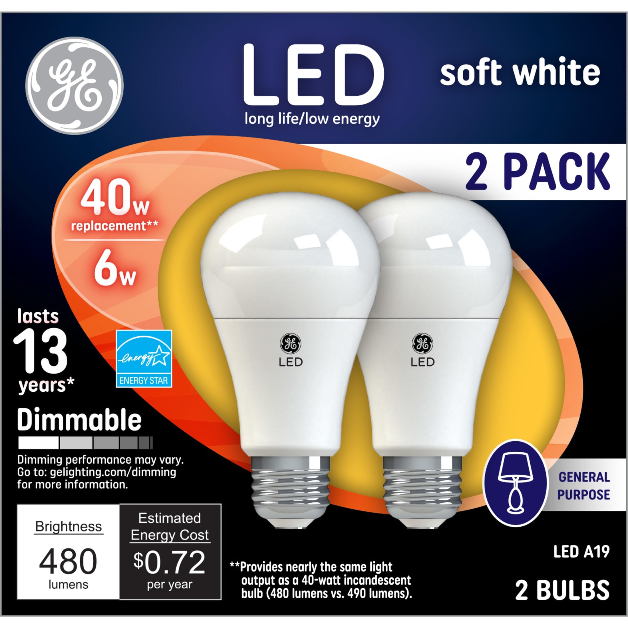 Ge Led Light Bulbs, 40 Watt, Soft White, A19 Bulbs (2 Pack)