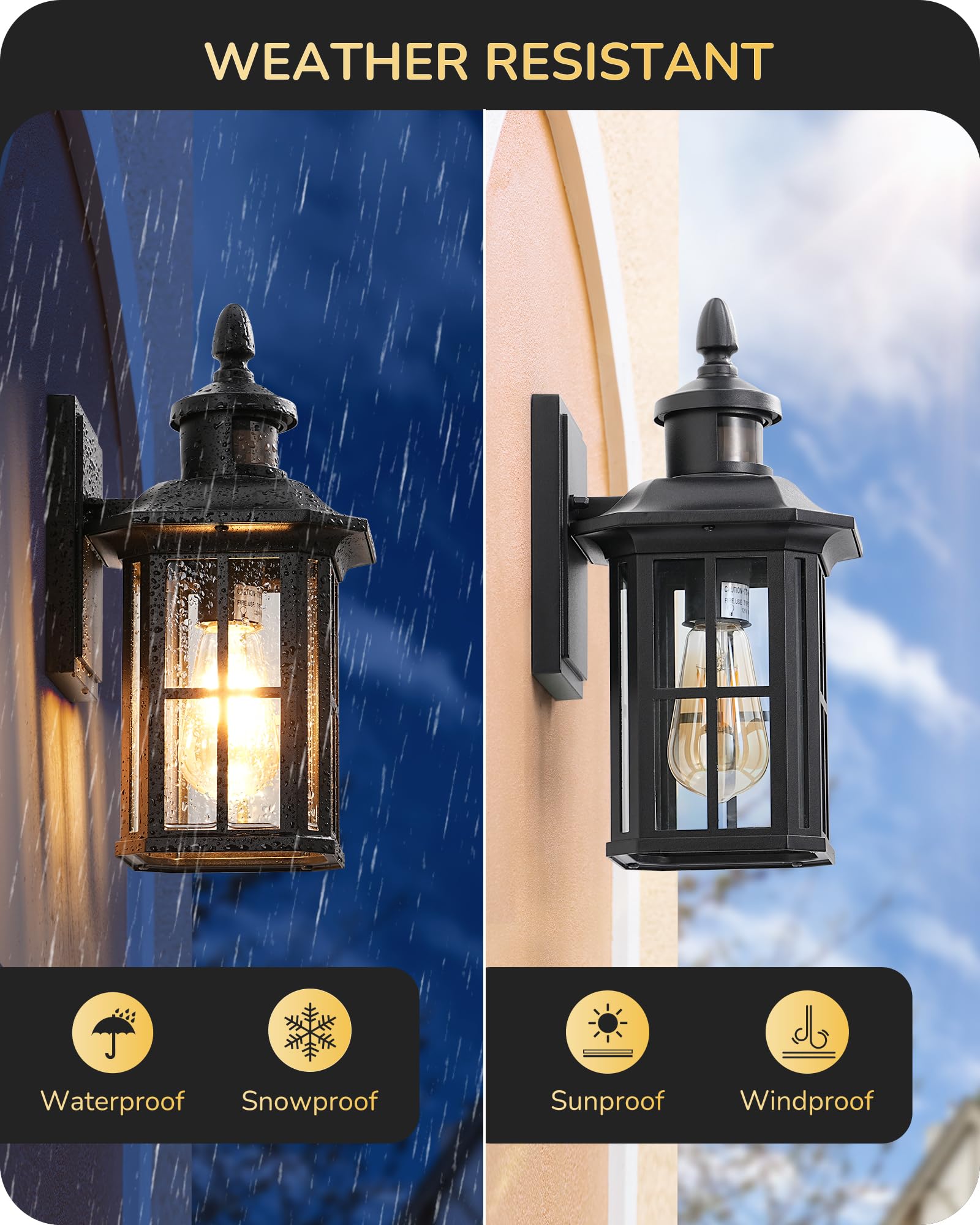 EDISHINE 2 Pack Motion Sensor Outdoor Wall Lights, Dusk to Dawn Exterior Lighting Fixture, Modern Porch Light Wall Mount, Clear