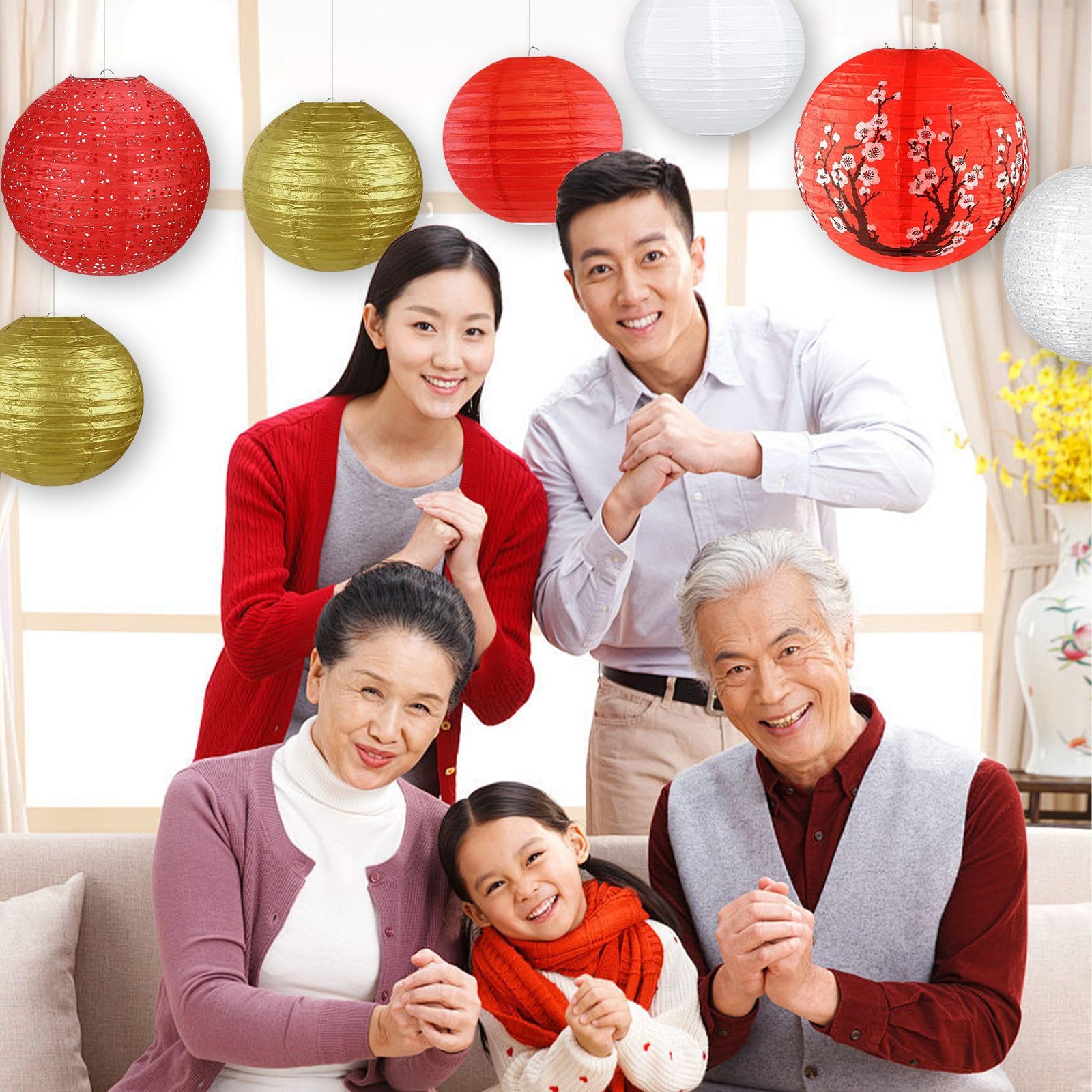 14Pcs Chinese Japanese Paper Lantern Assorted Sizes (8'' 10'' 12'') Hanging Plum Blossom Red White Gold Chinese Lanterns For Chi