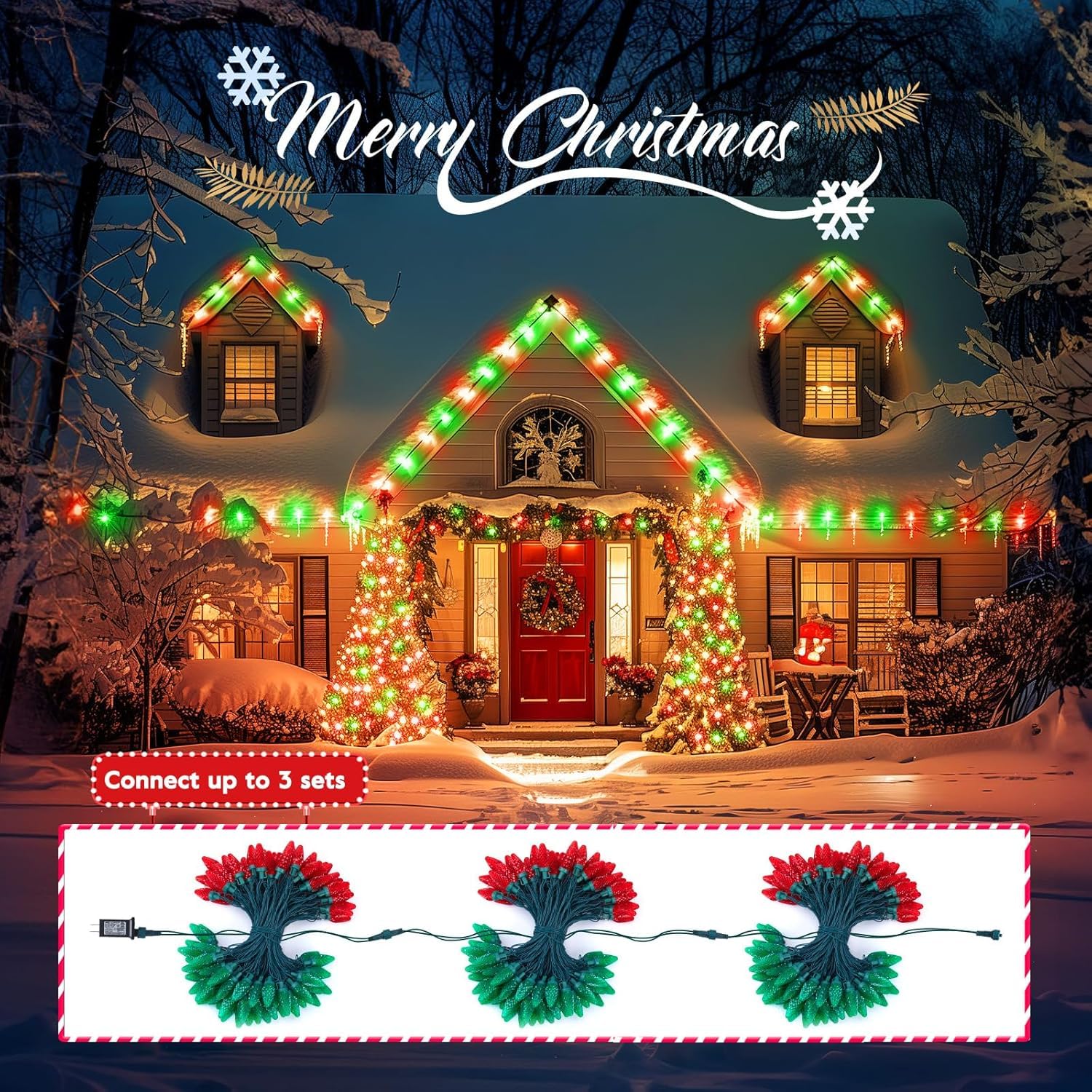Minetom C9 LED Christmas Lights - 200 LED, 147 ft, Waterproof, 8 Modes, Red and Green, Model JT-EL/FC300V0200-C