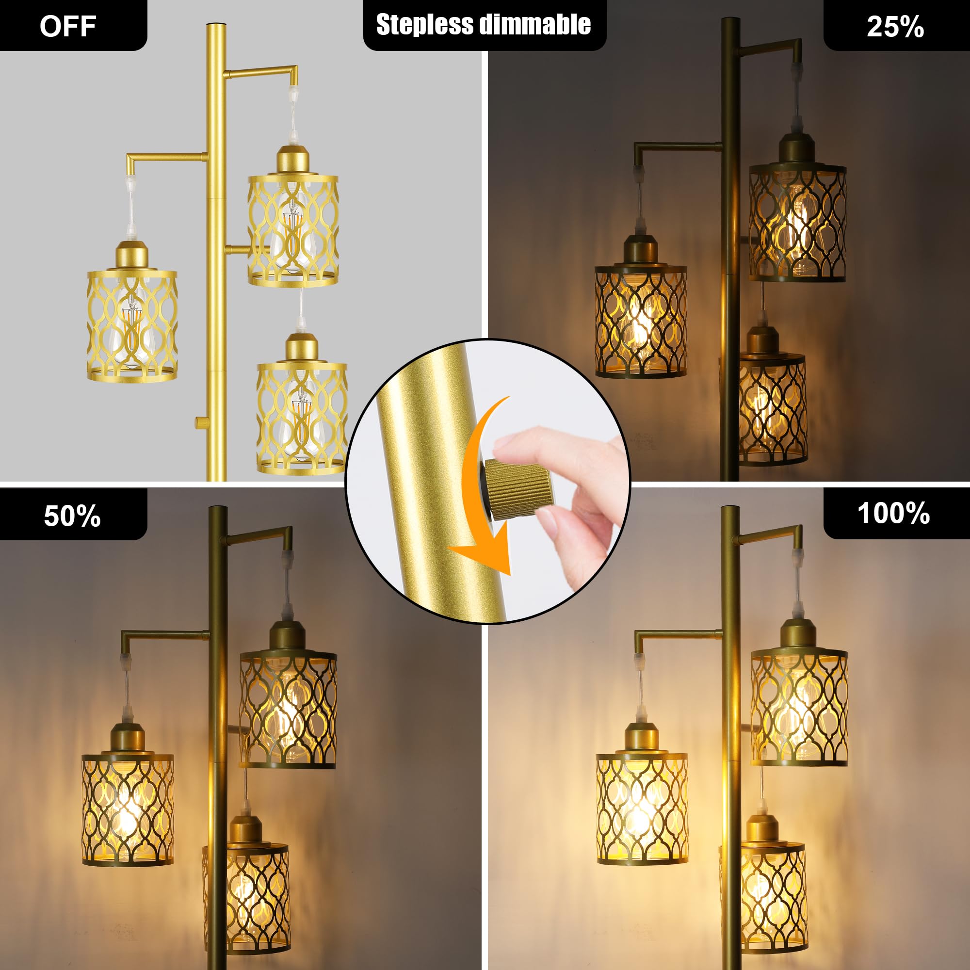 ROTTOGOON 68" Dimmable Gold Floor Lamp, 3-Light Rustic Design with Metal Shade, Includes 3x 6W E26 Bulbs, Model RODLLDD243