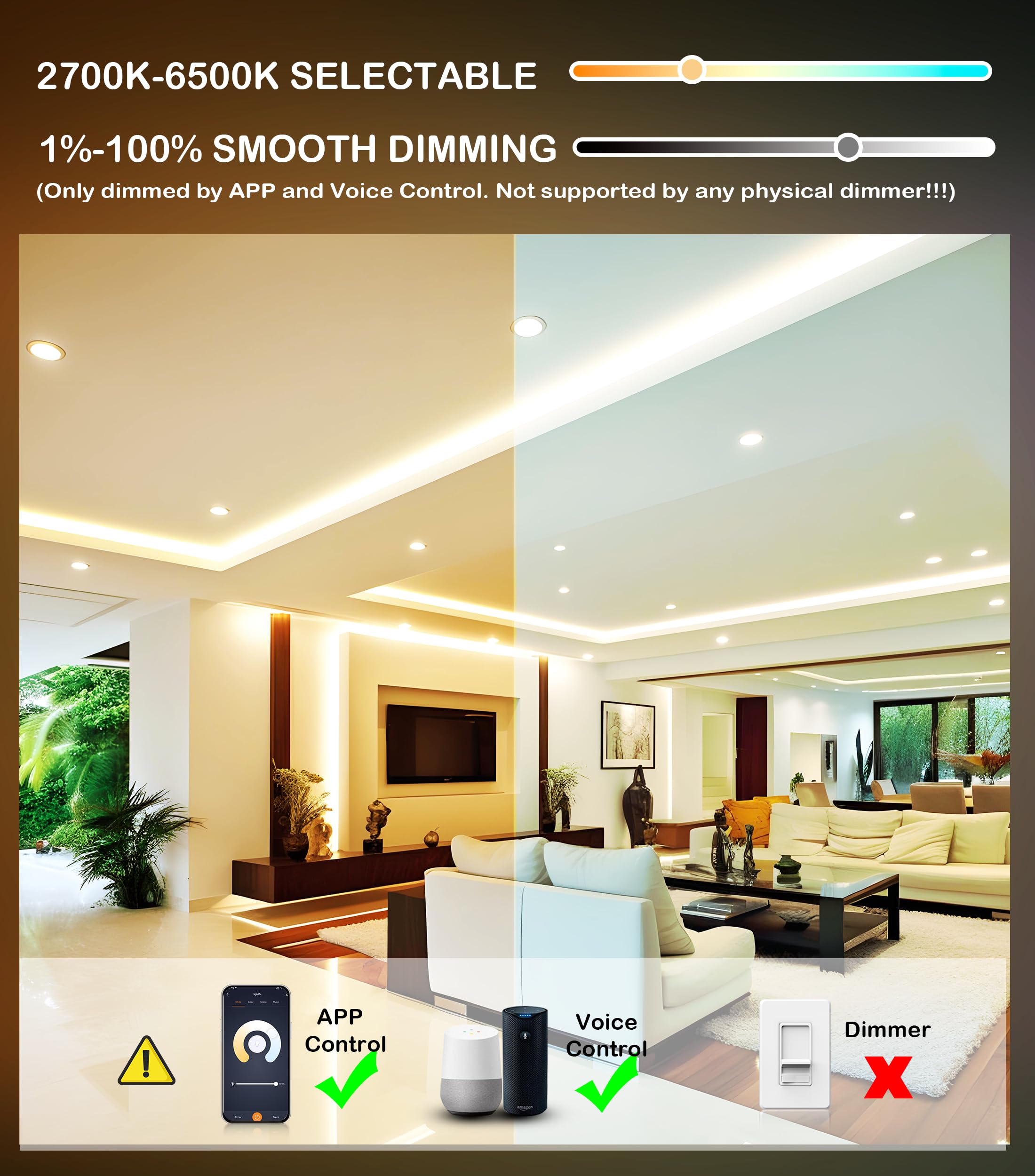 CLOUDY BAY 4 Pack 6 Inch Smart WiFi LED Recessed Lights, RGBCW, 15W, 2700K-6500K, Compatible with Alexa & Google