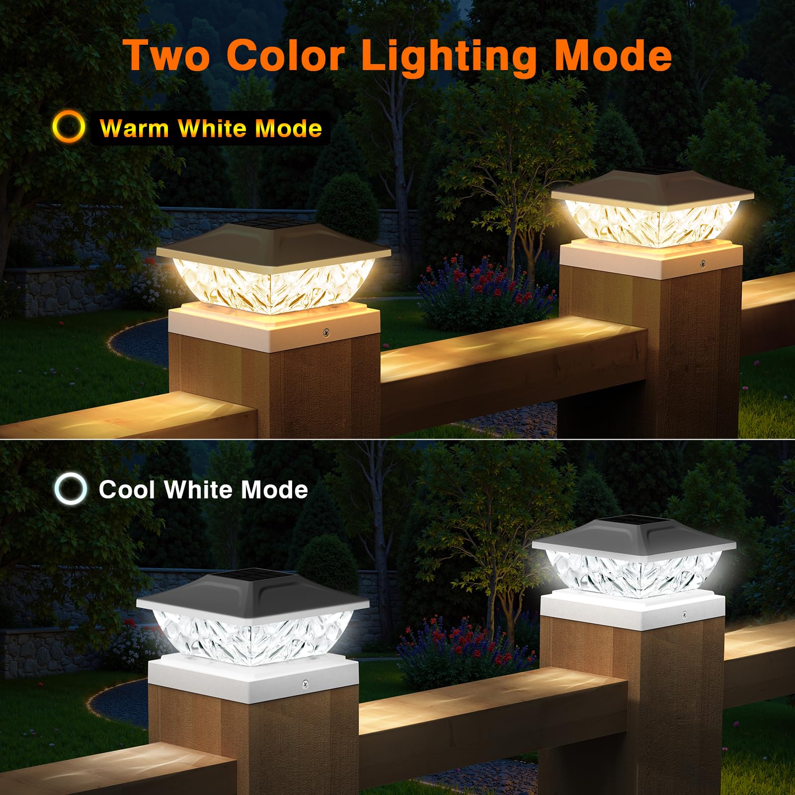 Ensli Solar Post Cap Lights - Waterproof 2 Mode Outdoor Deck Lights, 2 Pack, White, Fits 4X4, 4.5X4.5, 5X5