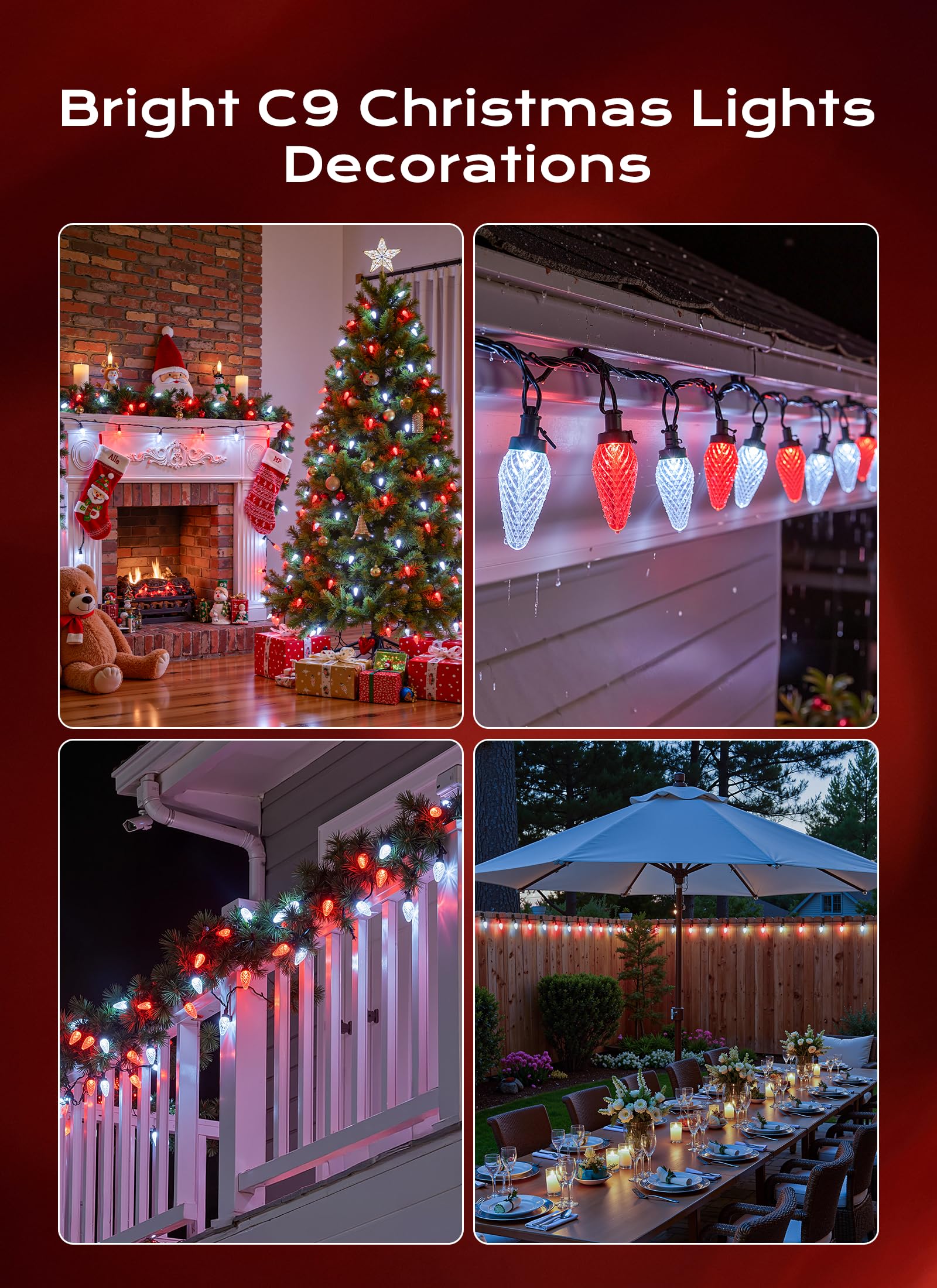 C9 Christmas Lights Outdoor  100 Ft 150 Led Connectable C9 String Lights With 8 Modes And Timer Xmas Tree Patio Roofline Garden Yard Holiday Party Indoor Outdoor Decoration  Red And White