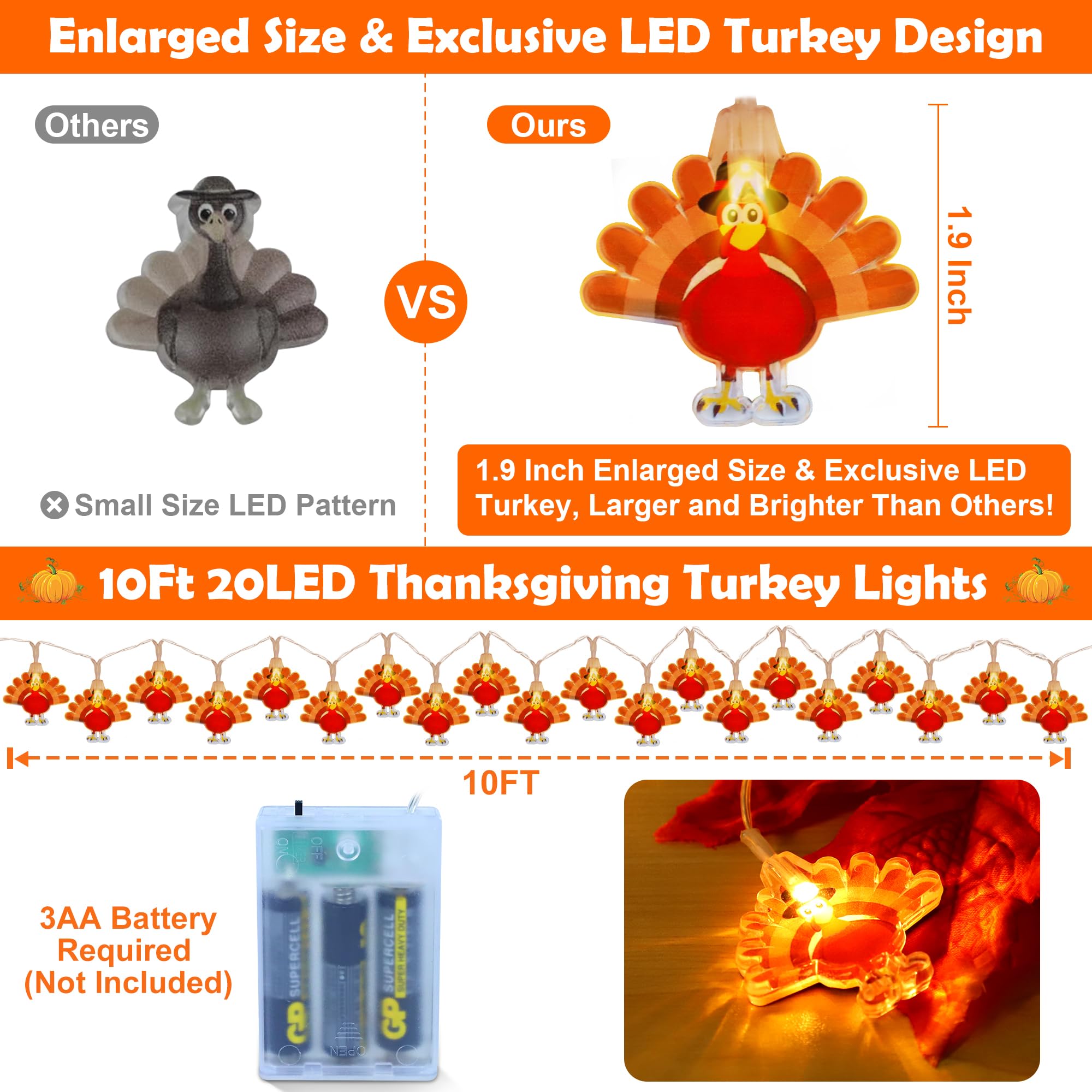 [ Timer ] Thanksgiving Decorations Thanksgiving Turkey Lights Decor, 10Ft 20LED Battery Operated String Lights Thanksgiving Ligh