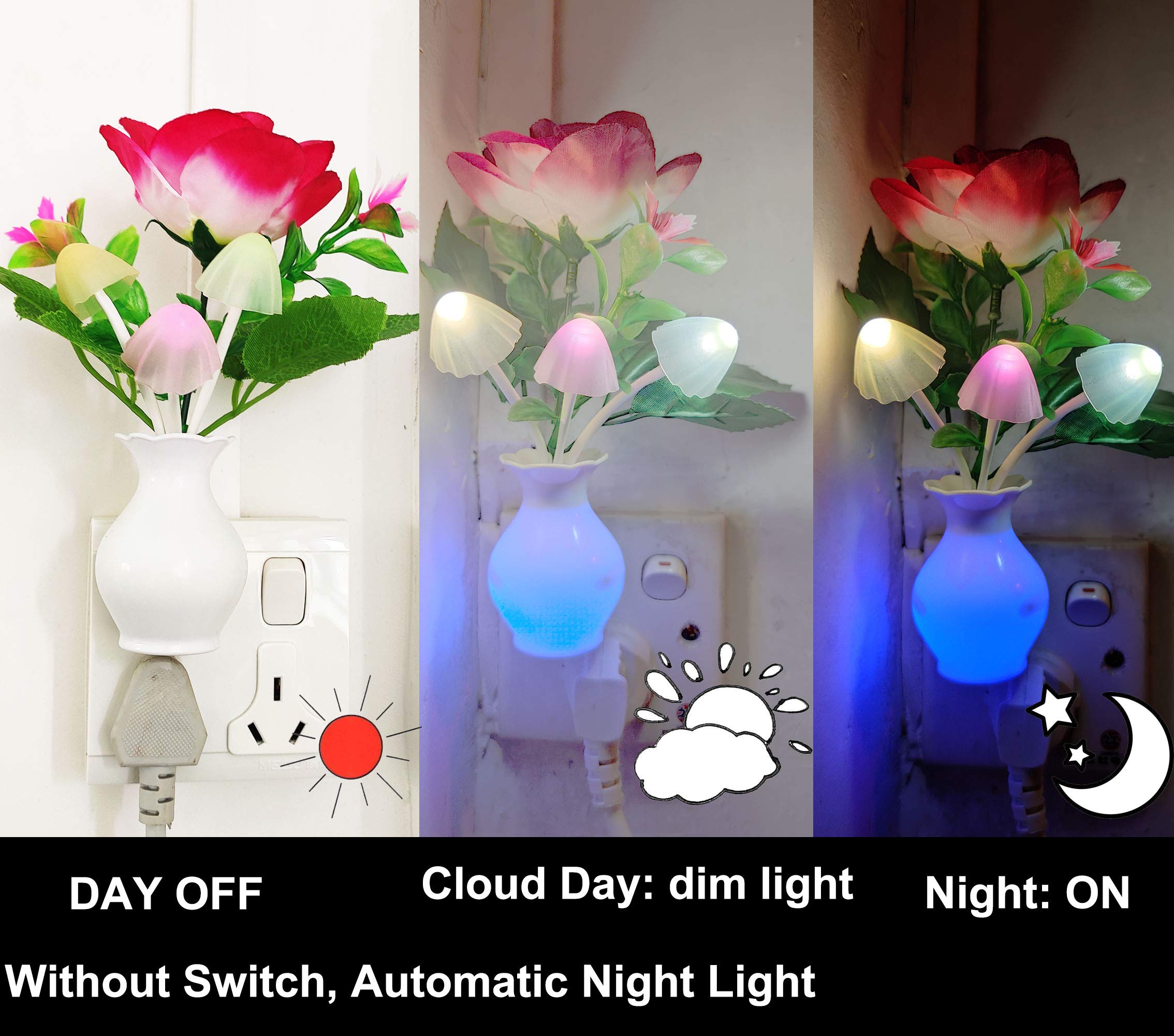 Ausaye Sensor Led Night Light Plug-In Nightlight, Color Changing Rose Flower Mushroom Night Light For Kids Adults Bedroom, Bathr