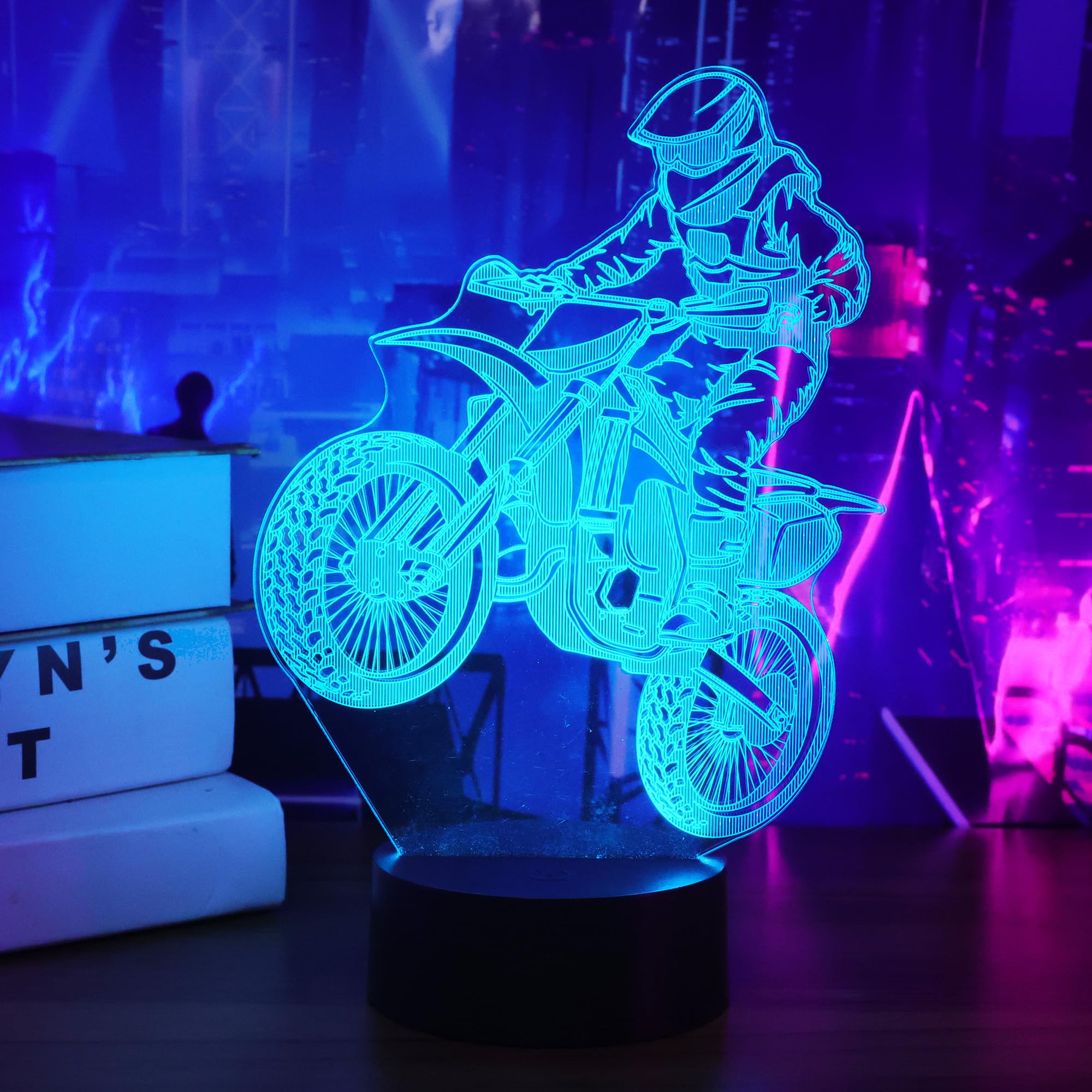 OkiyiD 3D Dirt Bike Night Light with Remote, Touch Control, Acrylic, Color 8, Model FS-2810-9999, Kids Room Decor, Gift for Boys