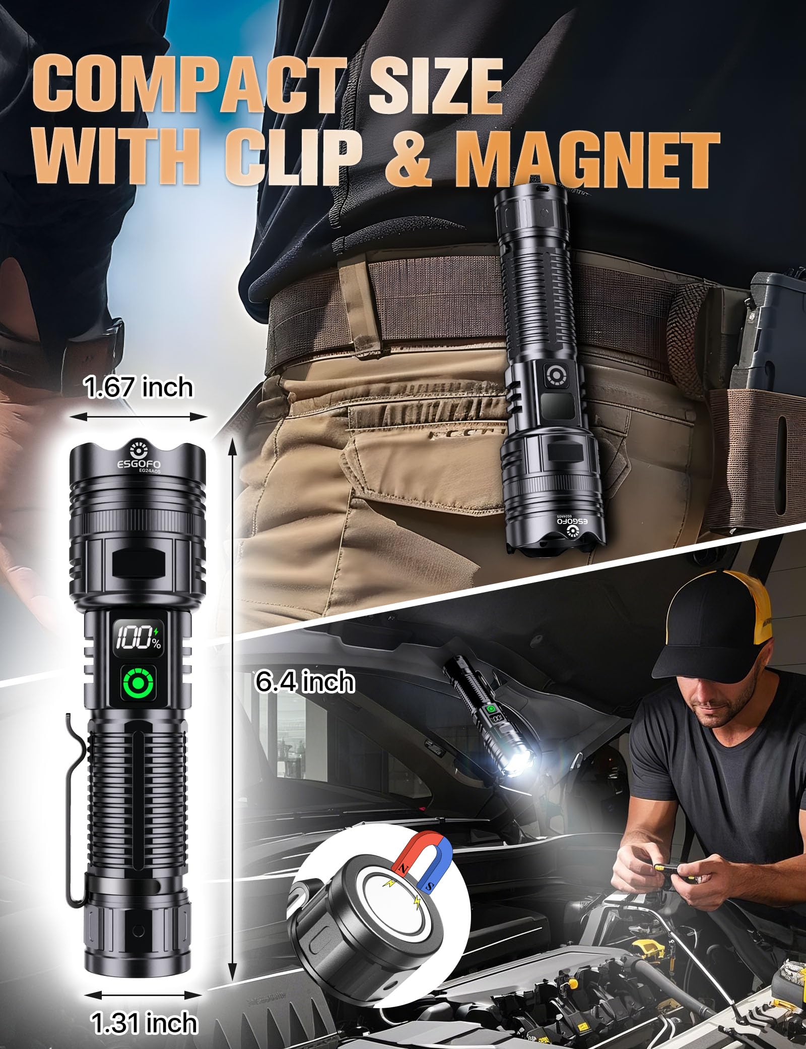 Esgofo Rechargeable Flashlight 2000 Lumens, 2 Modes, 3280FT Range, USB-C, Black, Model EG24A05