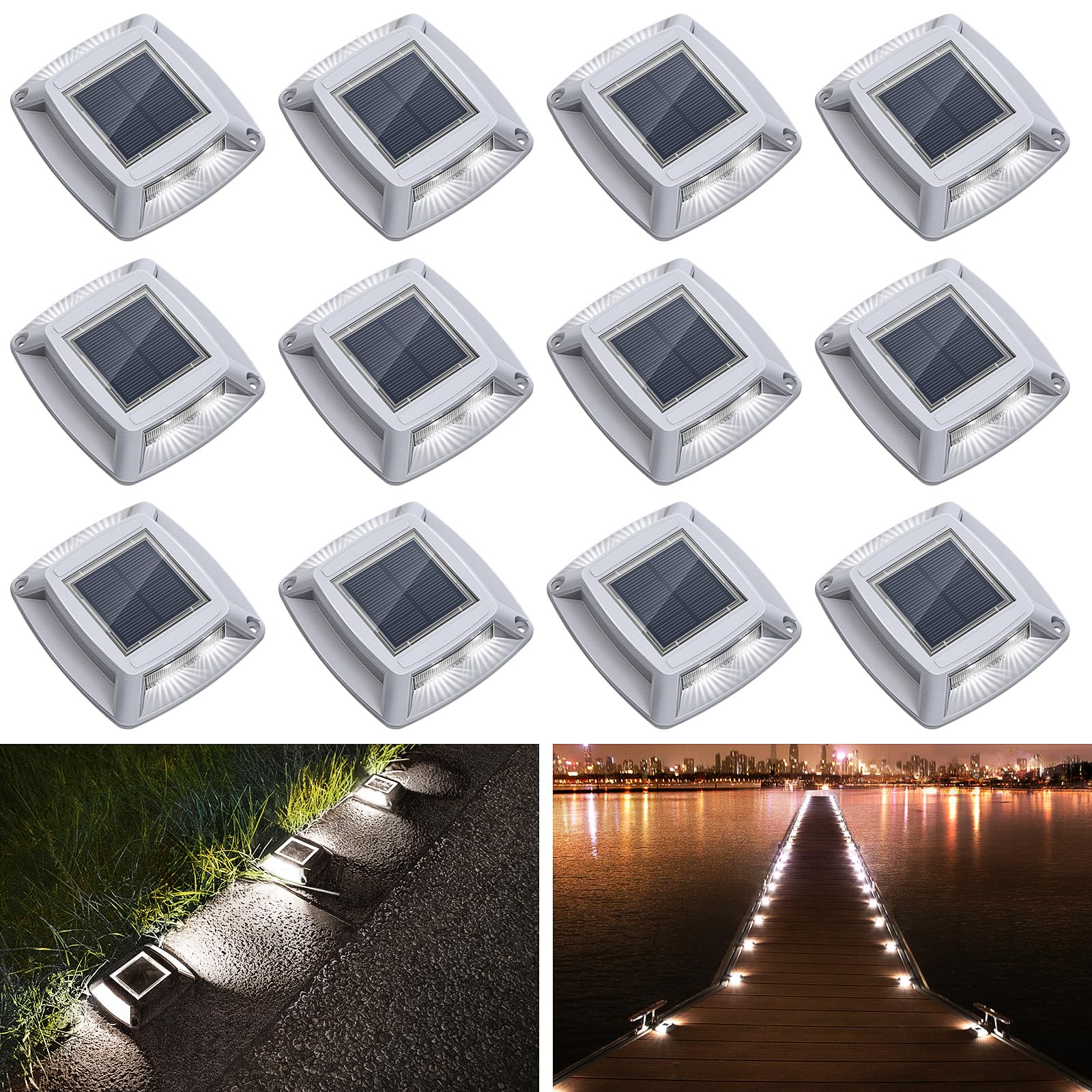 Etetale Solar Driveway Lights 12 Pack, Solar Powered Ip68 Waterproof Solar Dock Lights, 4 Led Driveway Markers Deck Lights For Dock, Pathway, Walkway, Sidewalk, Garden, Yard, Stair, Marine Use (White)