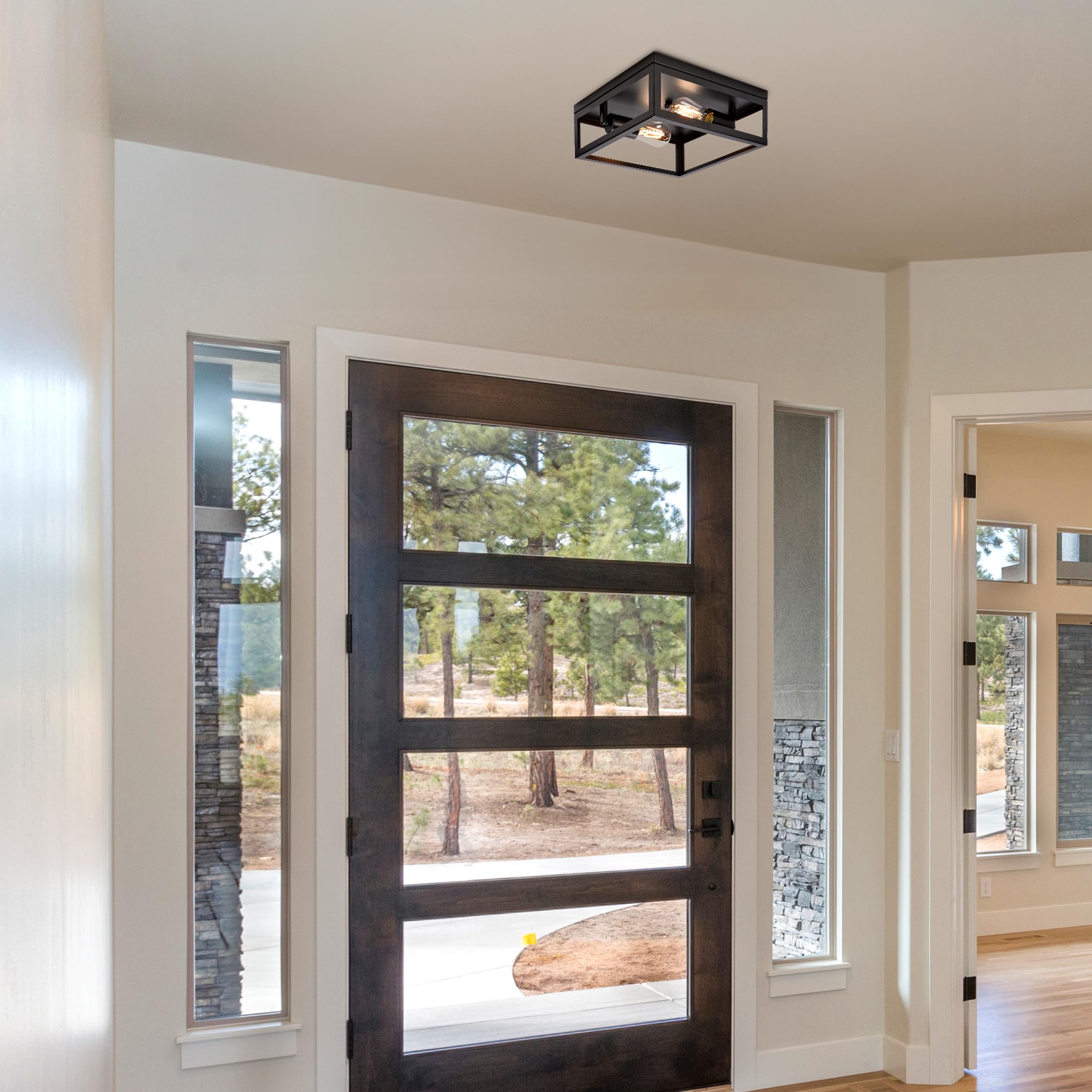 Maxxima Indoor/Outdoor Flush Mount Ceiling Light Fixture, 2-Light Square Farmhouse Close To Ceiling Entryway Light, Black, Bulbs