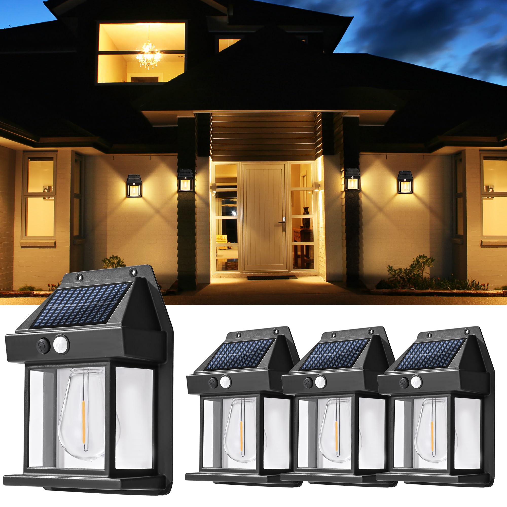 GIGALUMI Solar Wall Lights Outdoor, Dusk to Dawn Motion Sensor Lights Waterproof, 4 Pack Motion Sensor Solar Porch Lights with 3