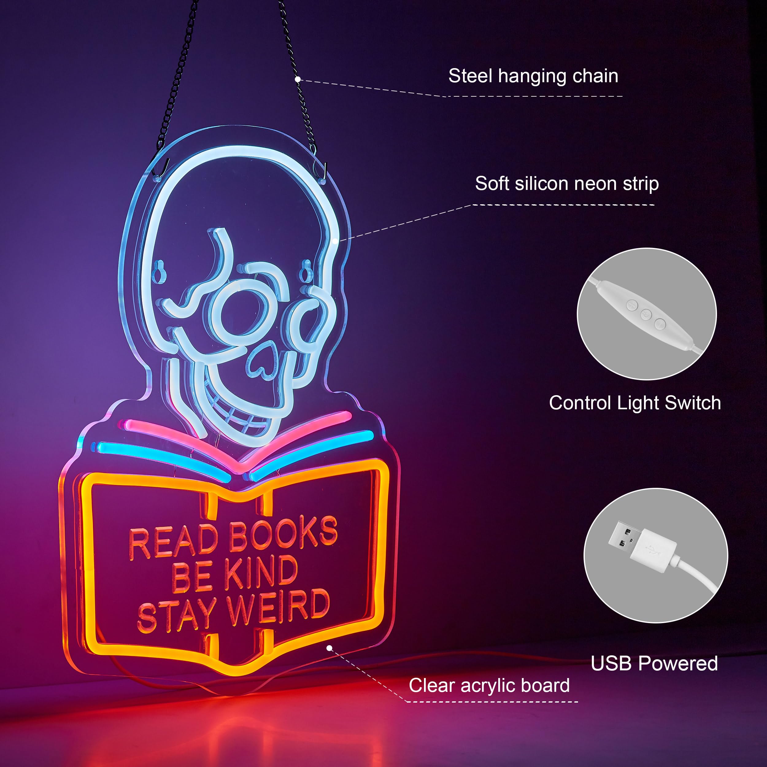 Roouneon LED Neon Wall Sign - inRead Books Be Kind Stay Weirdin - Dimmable - Acrylic - White, Pink, Blue, Orange
