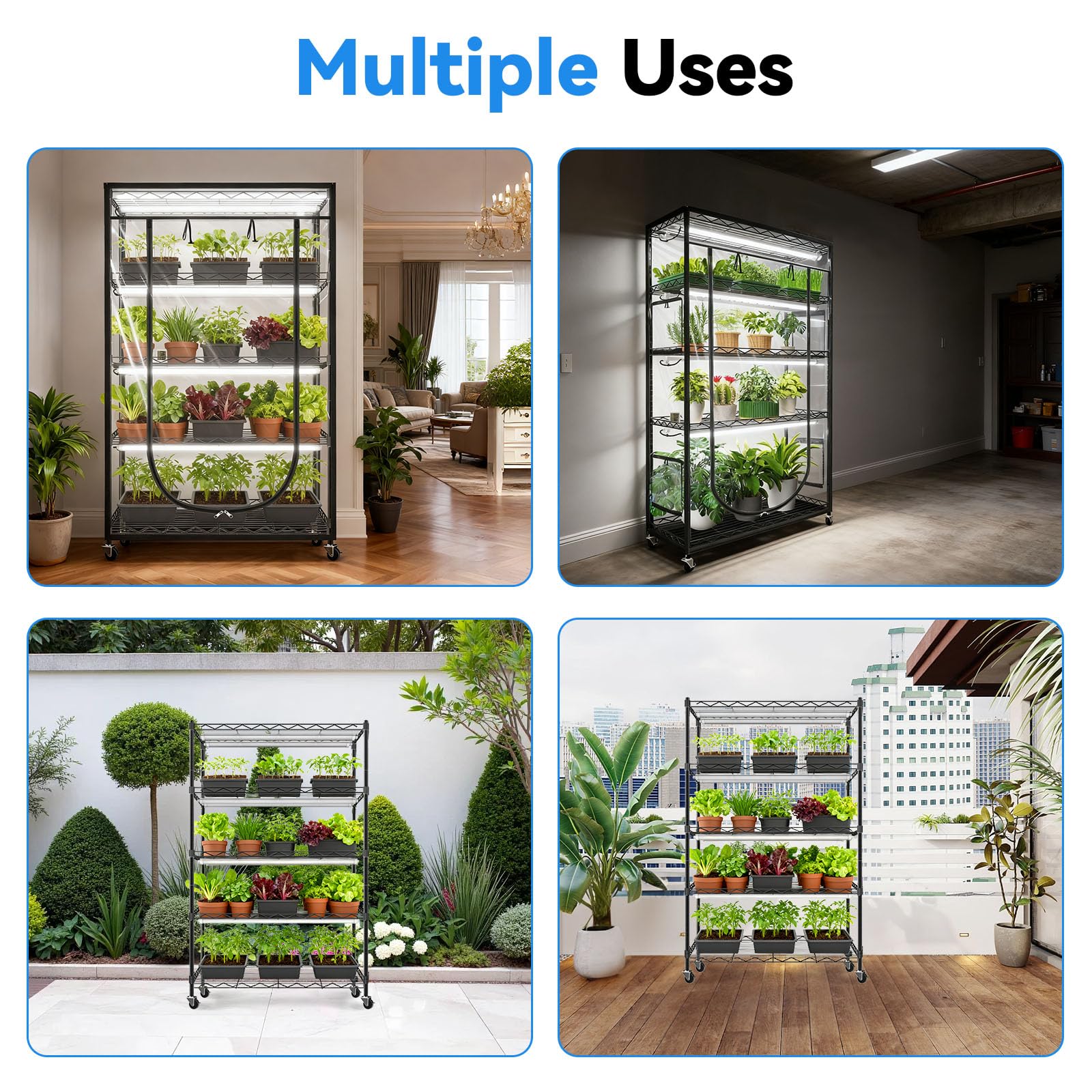 JESLED Indoor Greenhouse with Grow Light, 3FT, Full Spectrum 5000K, Rolling Metal Stand, 35.4x13.8x70IN, Black, Model JD