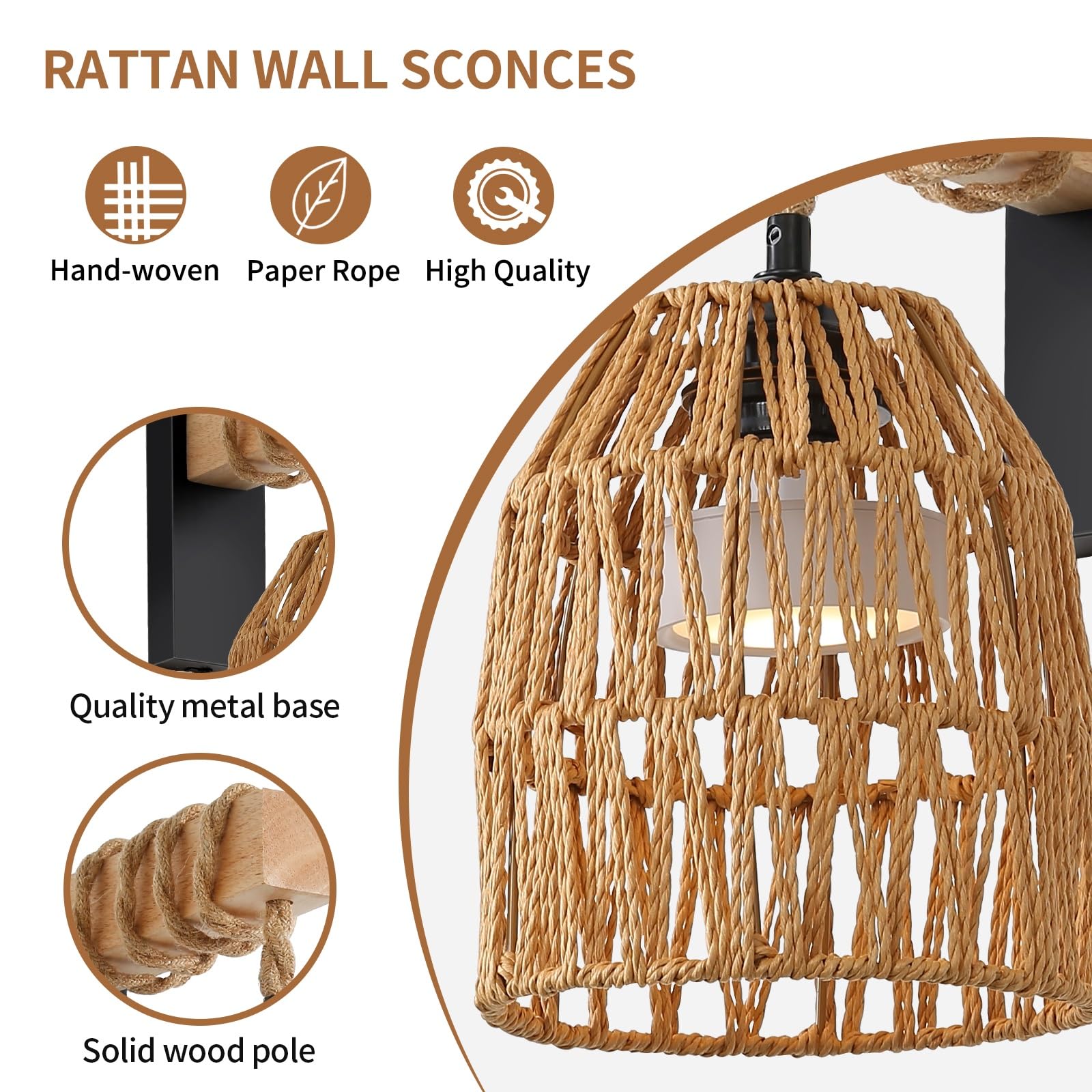 Espossi Rechargeable Wall Sconce, Battery Operated Wall Sconce With Remote Control, Boho Upgrade Rechargeable Rattan Wall Sconce, Wireless Wall Sconces Set Of Two For Bedroom, Living Room, Entryway