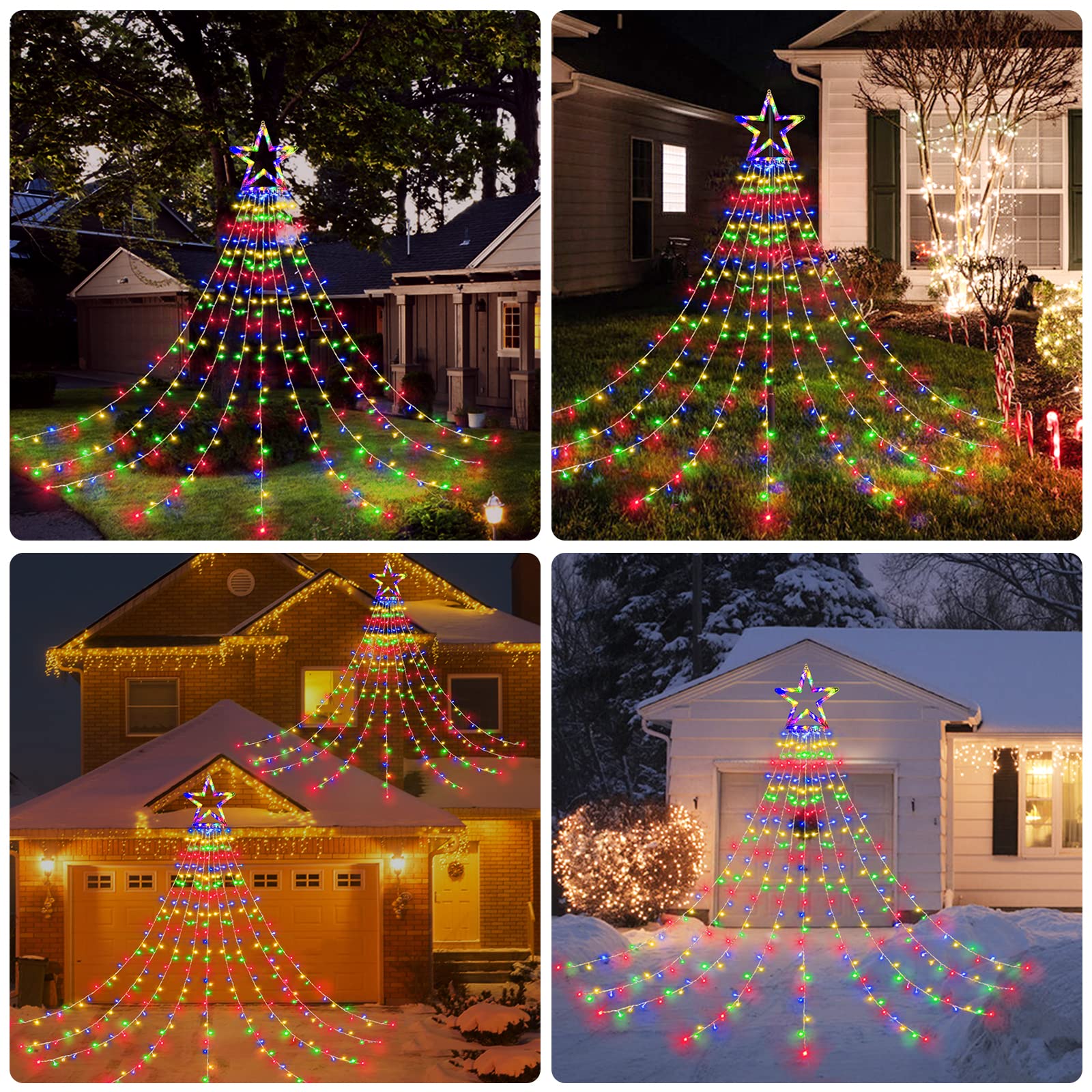 BlcTec Christmas Lights, 317 LEDs Waterfall Tree Lights, 11.9ft, 8 Modes, Waterproof, Multicolor, Model JT-EL/FC300V0200-C