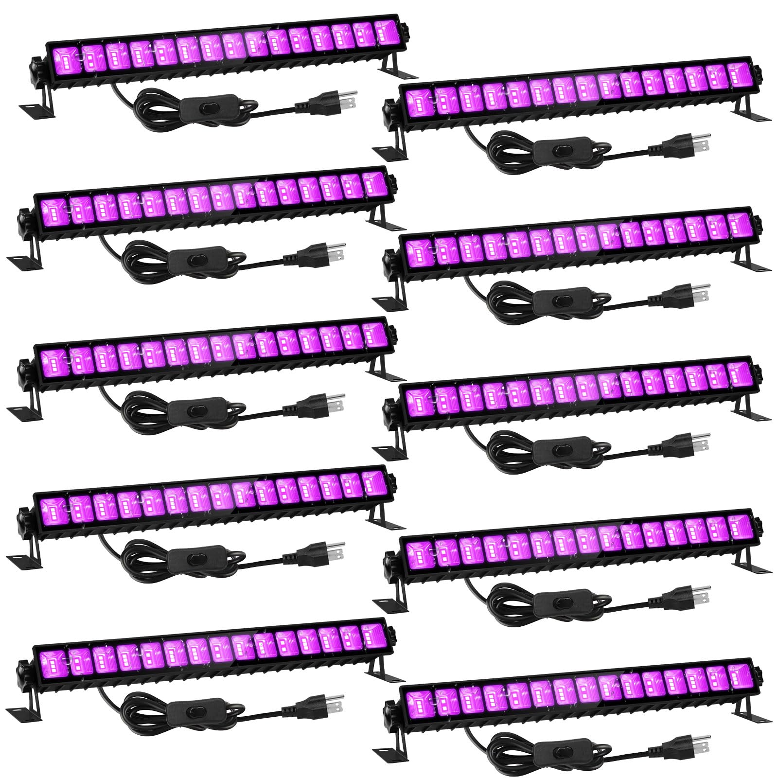 10 Pack Ip66 Waterproof 36W Led Black Light Bar, Blacklight Flood Light With Plug & Switch & 5Ft Power Cord, Each Light Up 21X21