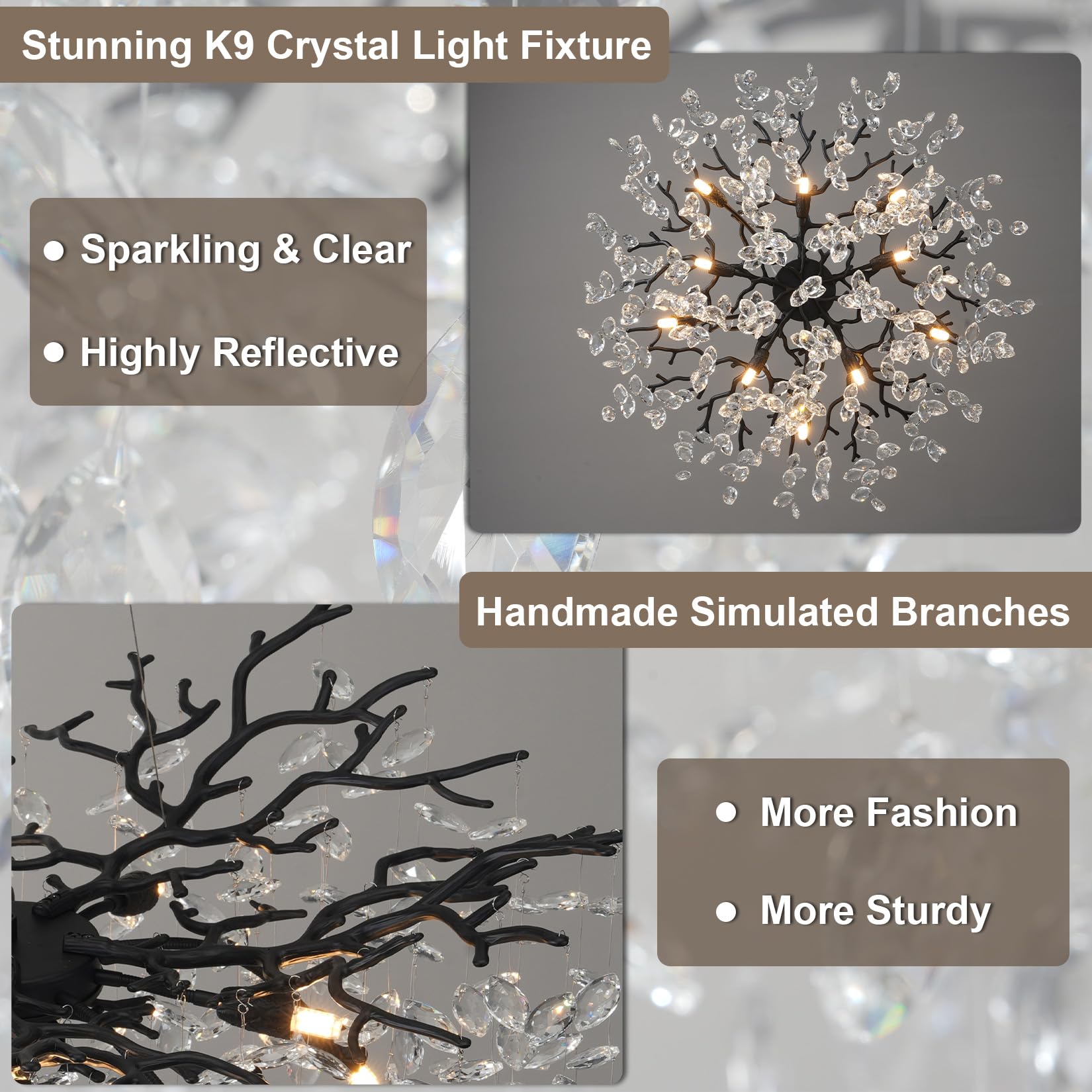 Yuyi Modern Crystal Chandelier, 30'' Black Tree Branch Chandelier, 10-Light Round Chandeliers For Dining Room, Living Room, Foye