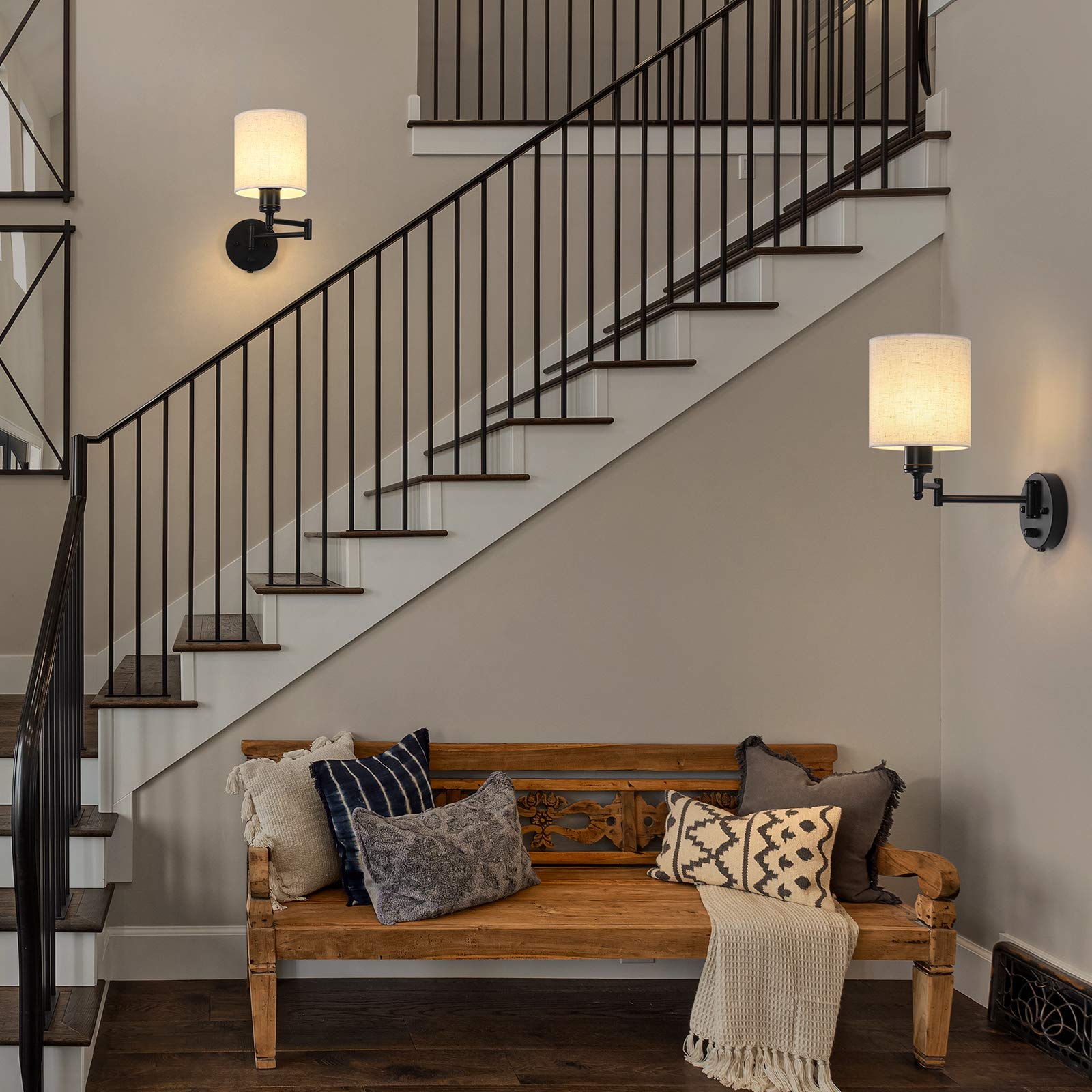 CADUKE Swing Arm Wall Light Set of 2, Modern Metal & Linen Sconces, Linen Shade, Model LR-RTH84, Ideal for Bedroom & Living Room