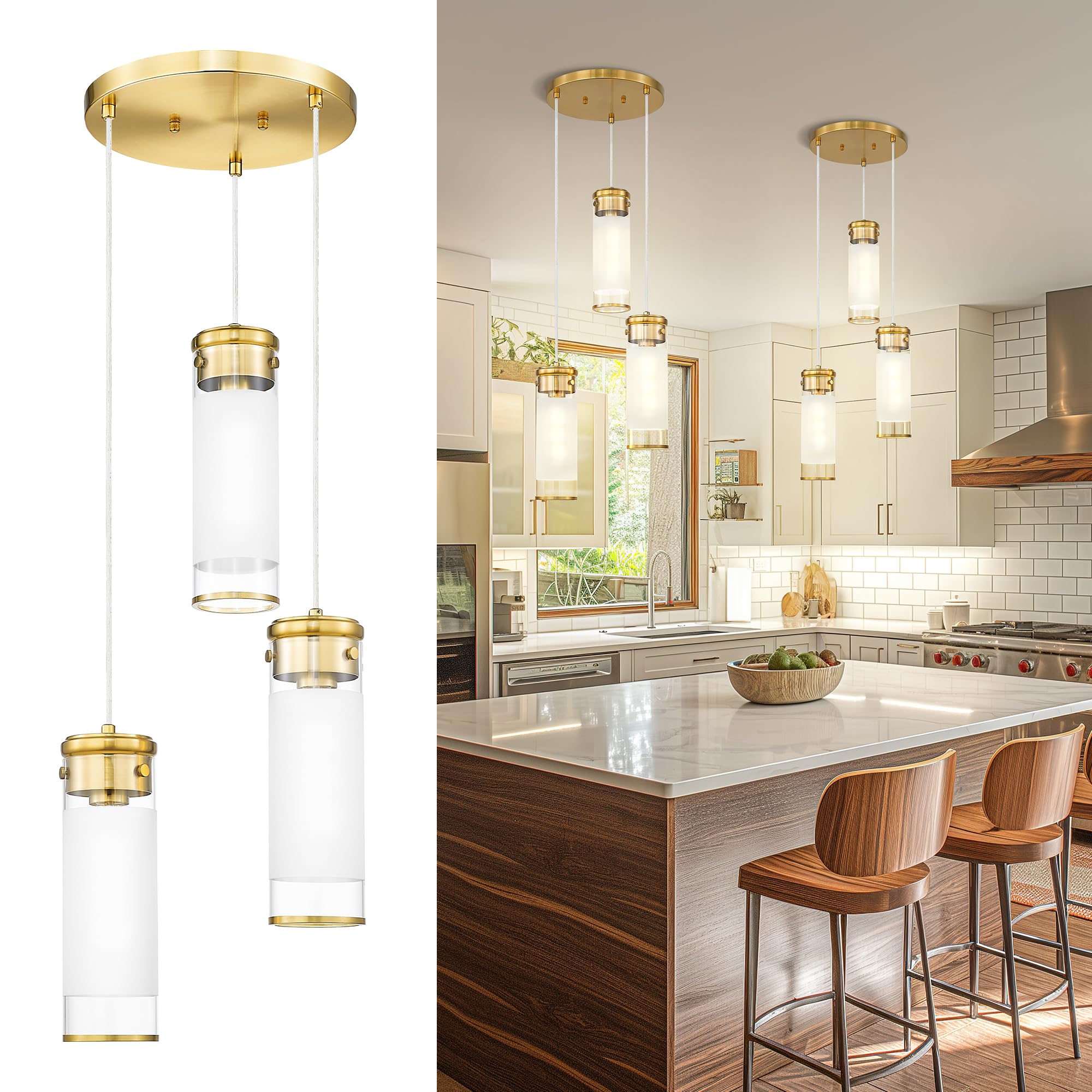 JAZAVA 3-Light Gold Pendant Light, Cluster Hanging Light Fixture, Modern Cylindrical Glass Kitchen Island Lighting for Dining Ro