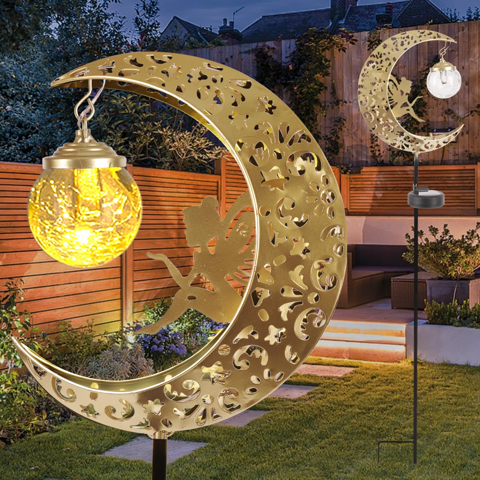 Solar Lights Outdoor Waterproof Fairy Moon Crackle Glass Lights With Metal Angel Decor For Walkway Yard Patio Or Garden Gifts Fo