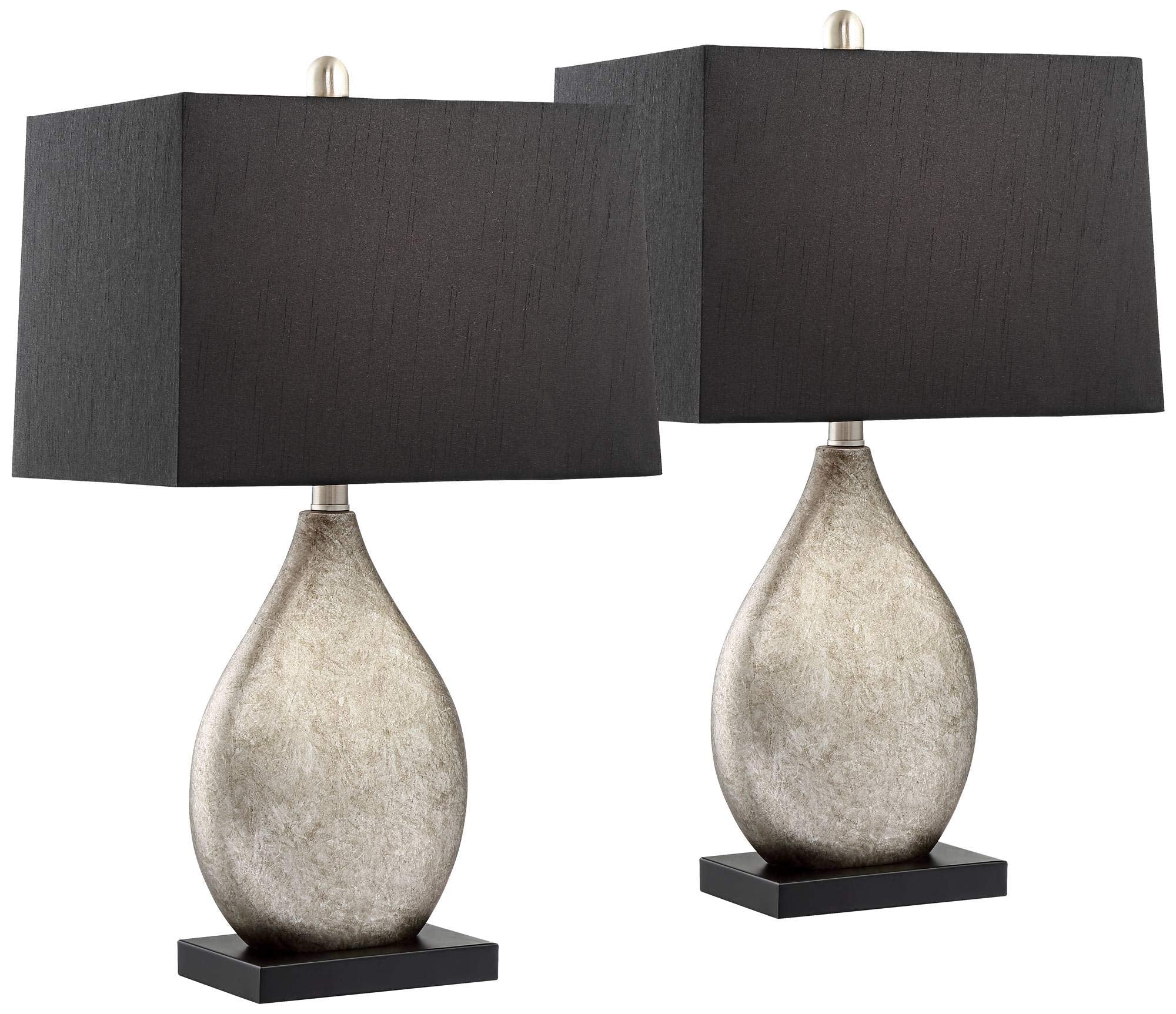 Regency Hill Table Lamps Set of 2, 25in Tall, Silver Resin with Black Tapered Rectangular Shade, Model 39K50