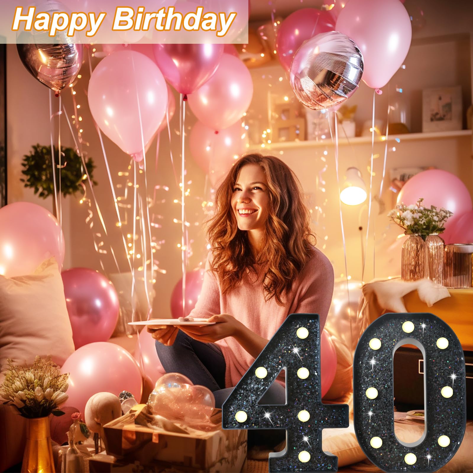 8.8 Decorative Led Light Up Numbers  Glitter Marquee Numbers Lights For 40Th Birthday Decorations  Shiny Lighted Number Sign For Birthday Party Wedding Anniversary Home Decor  Glitter Black 40