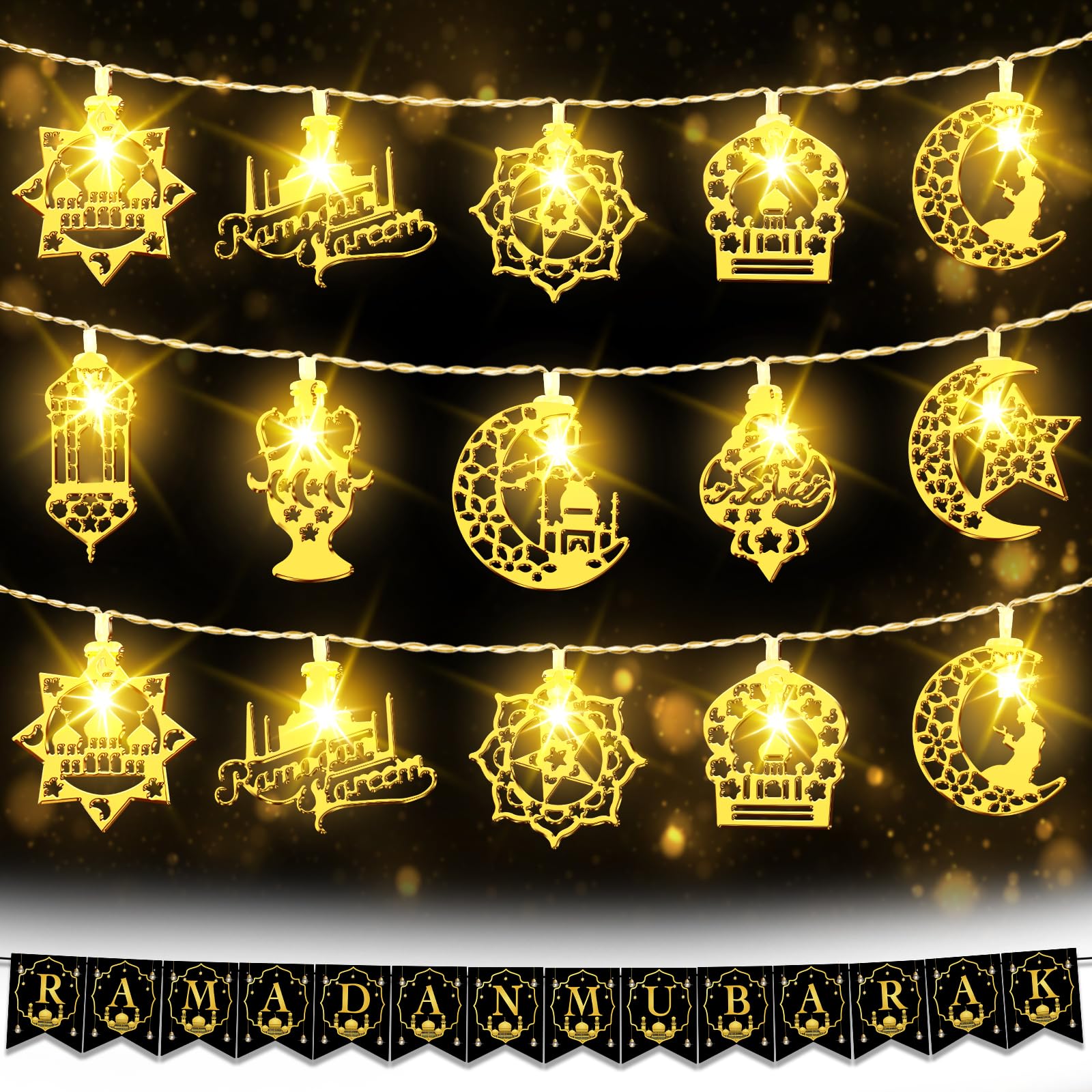 cshare Ramadan Decorations for Home 2024, 9.8ft 20LED Ramadan String Lights & Ramadan Banner with Timer Battery Operated Star Moon Waterproof Outdoor & Indoor