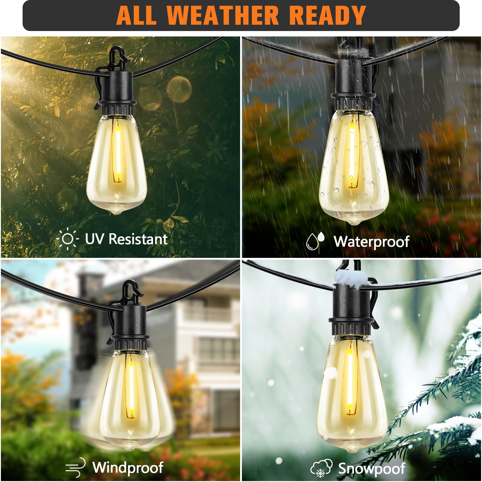 OOLED Solar String Lights 100ft Waterproof, 52 Shatterproof ST38 Vintage Edison Bulbs, Warm White, Outdoor Hanging Lights