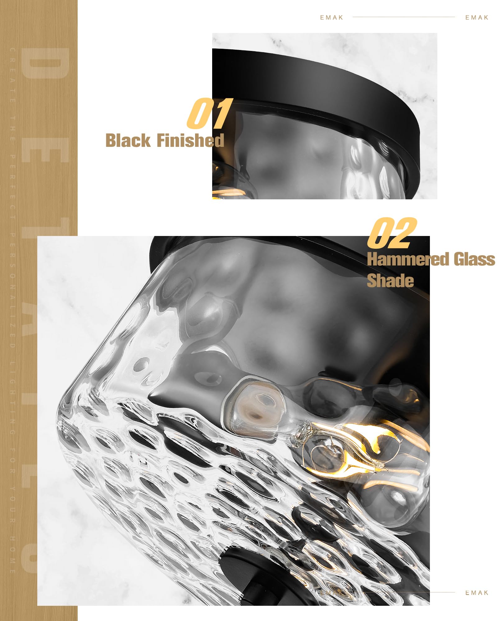 Emak 11&quot; Black Flush Mount Ceiling Light With Hammered Glass Shade, 2-Light Modern Fixture