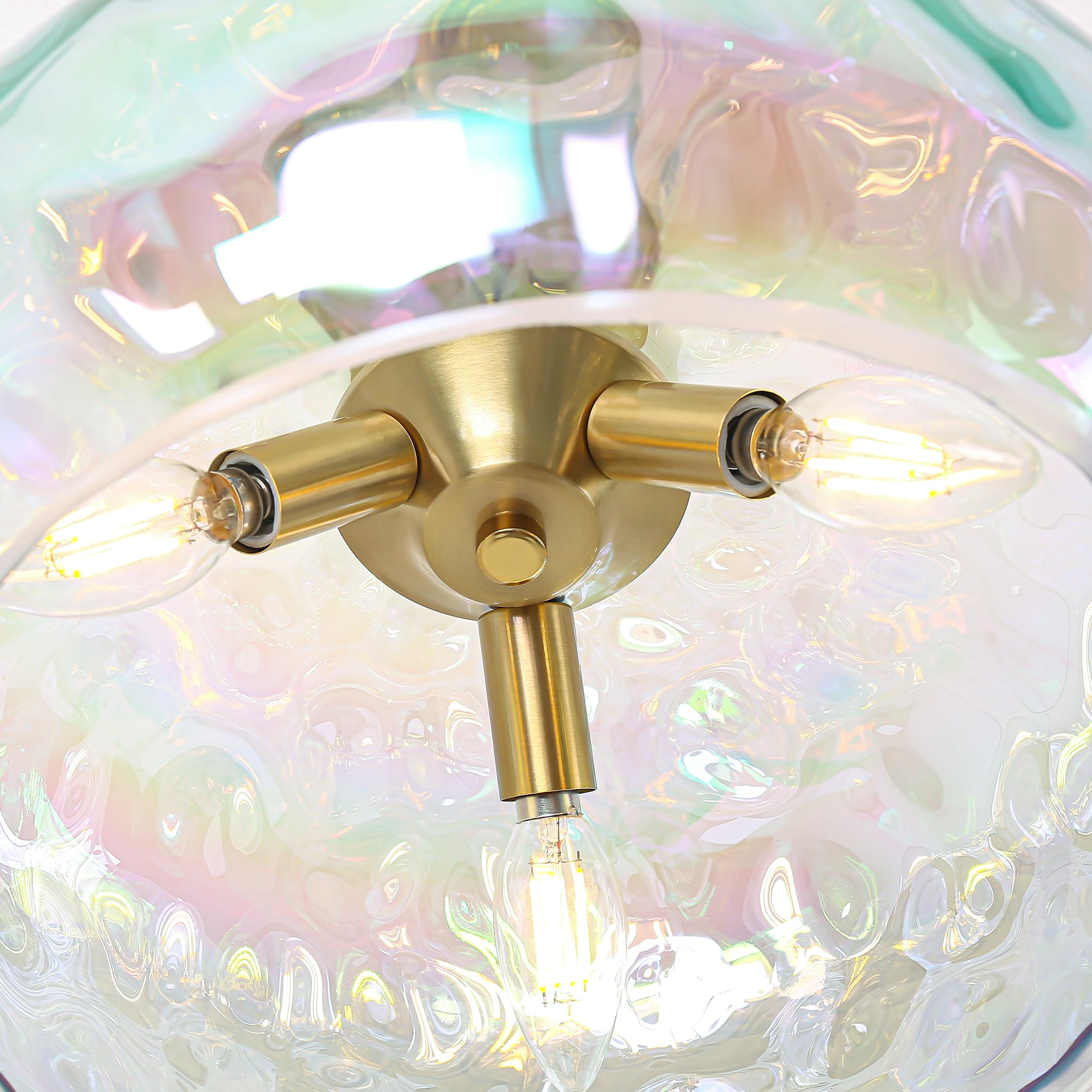 Semi Flush Mount Ceiling Light, 14'' Large 3-Lights Ceiling Light Fixture With Iridescent Hammered Glass Shade, Modern Chandelie