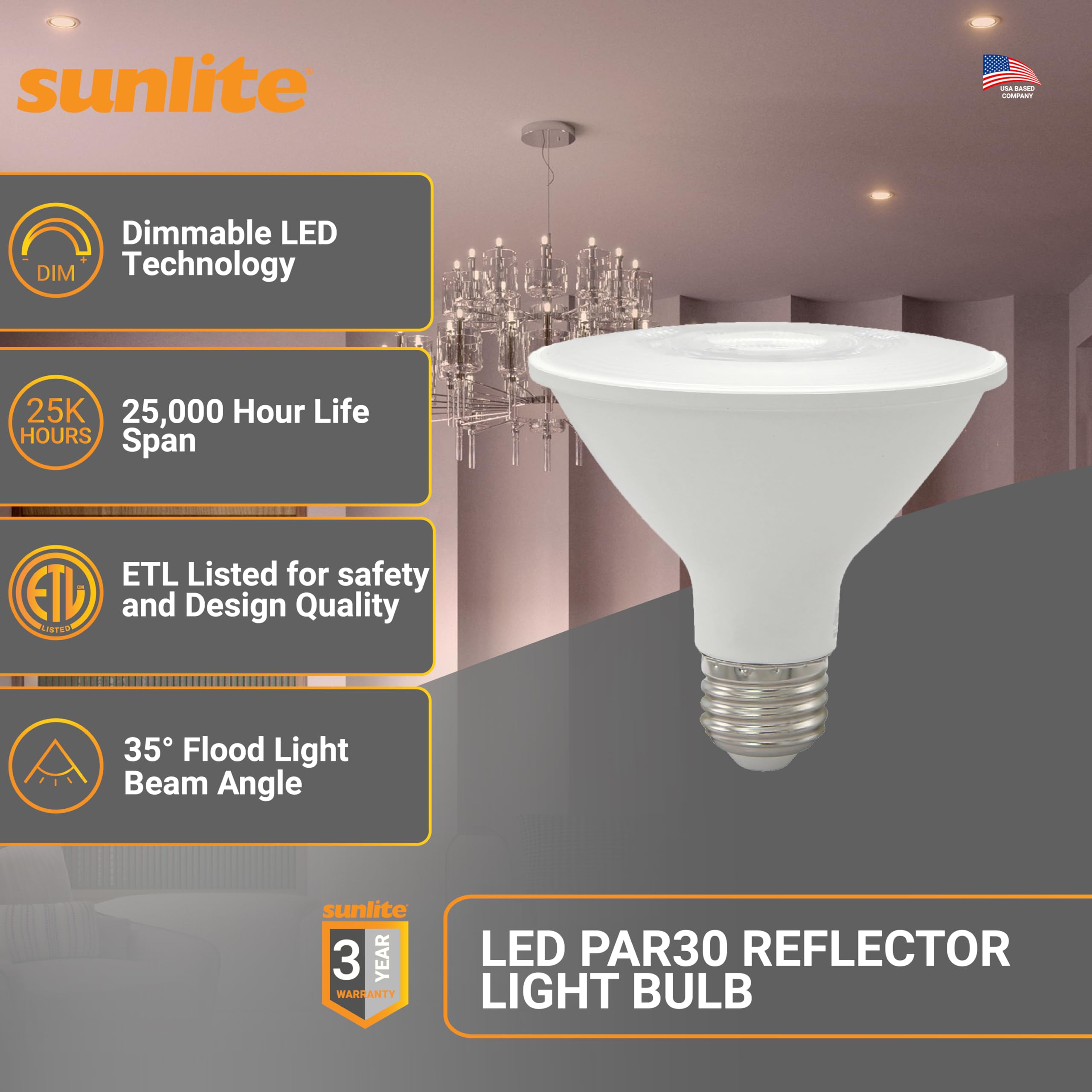 Sunlite Reflector Par30 Led Bulb  Spotlight  9W (75W=)  750 Lmns  Medium E26 Base  90 Cri  Dimmable  Decorative Track Lighting Use  Etl  Title-20 Compliant  Bulk  24 Pack  30K-Warm White