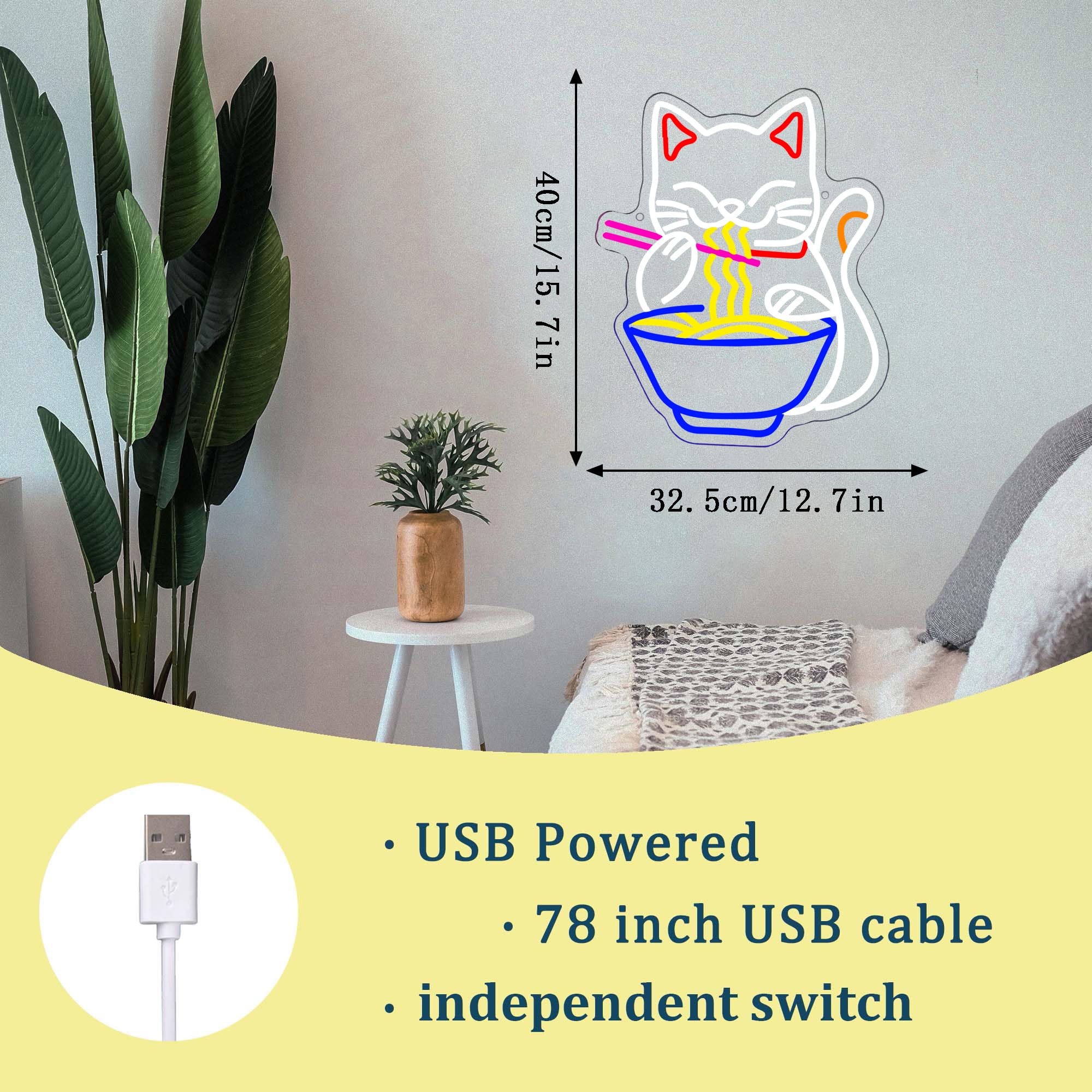 Fortune Cat Ramen Neon Sign  Dimmable Japanese Lucky Cat Noodle Led Neon Sign For Wall Decor  Usb Powered For Restaurant Bar Party Bedroom Birthday Gifts(15.7 * 12.7In)