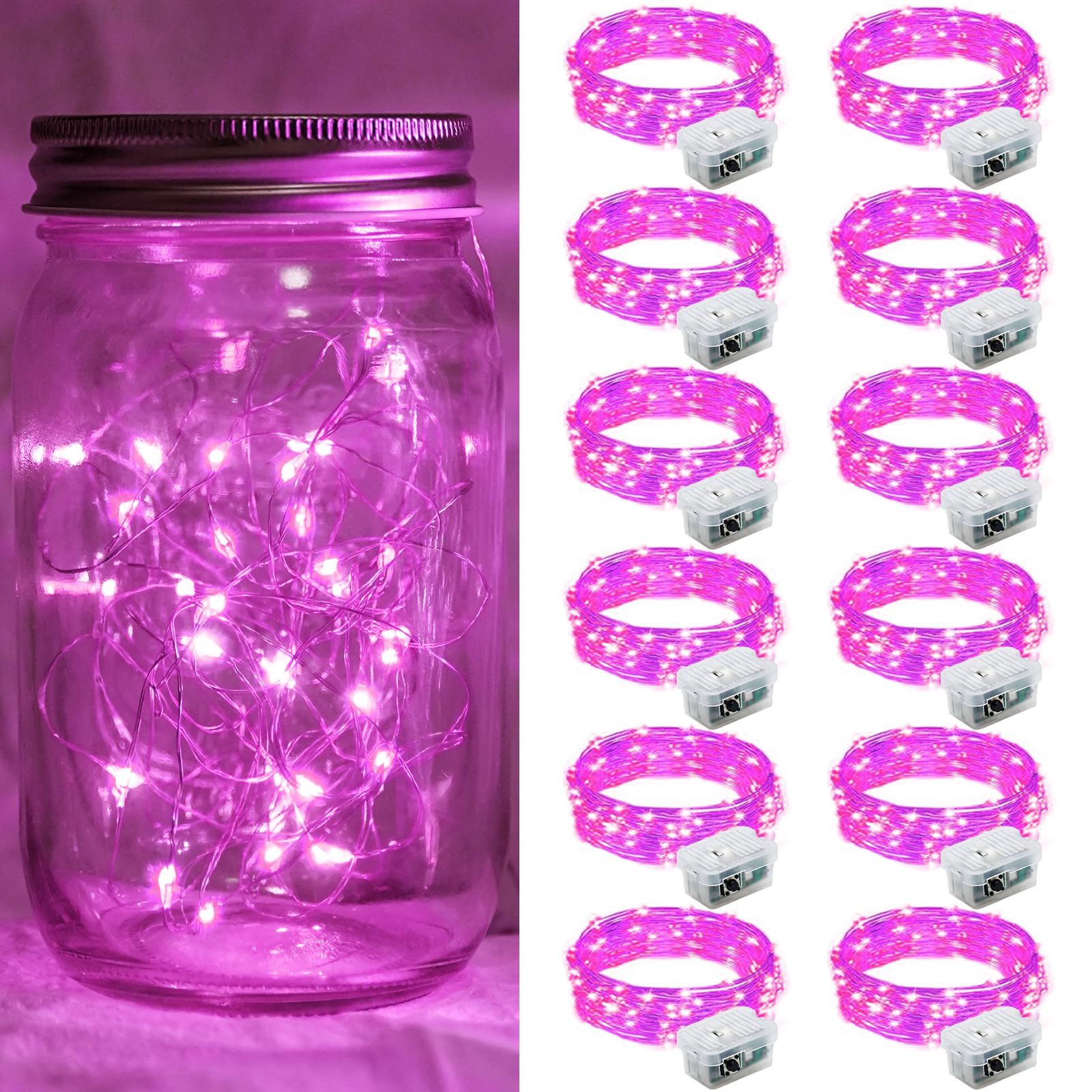 chzk 12 Pack 7Ft Pink Fairy Lights, 20 LED Twinkle String Lights, Battery Operated, Waterproof, Model A01-Mini