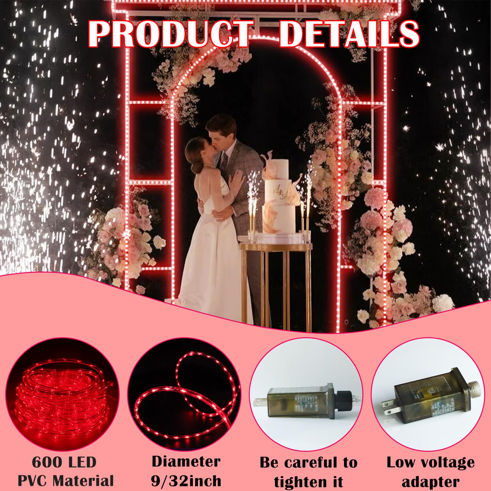 Kenburg Red Rope Lights Outdoor, 50Ft 600 Led Valentine'S Day String Light, Waterproof Tube Light Plug In 8 Modes Timer Memory,