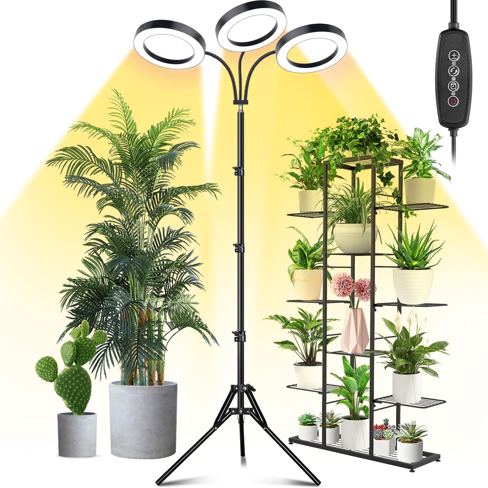 Lordem Grow Light For Indoor Plants, 7.9'' Diameter Tri-Head Plant Light For Plants Growing, Full Spectrum Growth Lamp With Auto