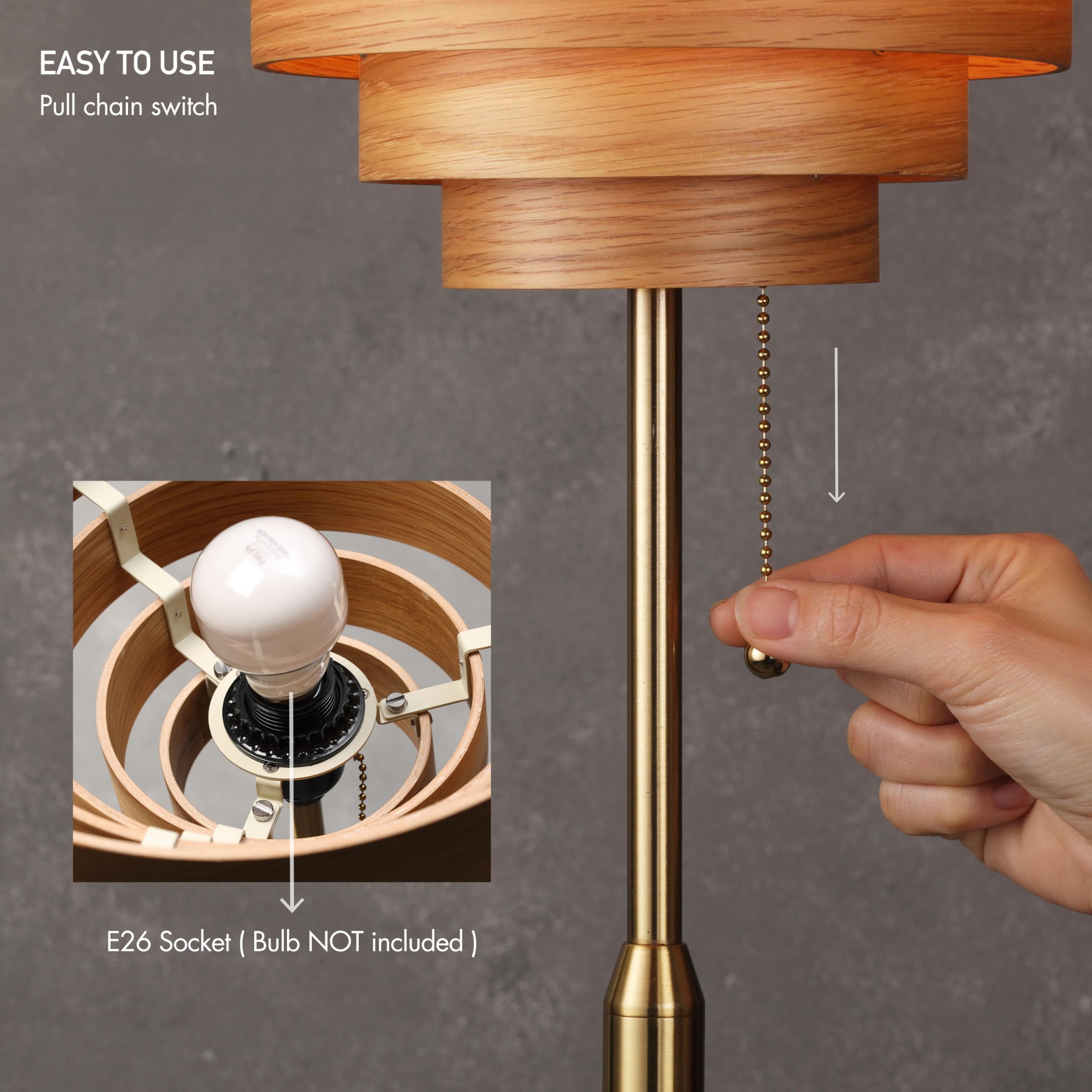OBright Cascade Floor Lamp - Modern Wooden Lampshade, E26 Socket, Pull Chain Switch, Metal Base, Antique Brass