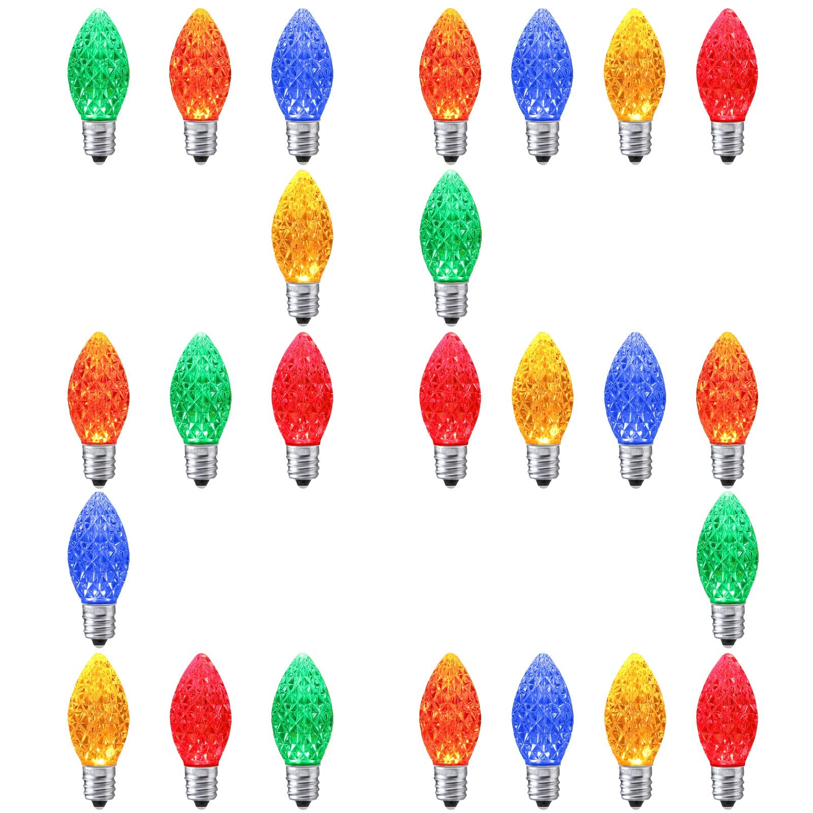 AIDDOMM 25 Pack C7 Multi Colored LED Replacement Christmas Light Faceted Bulbs  0.72W  2 SMD LEDs in Each Light Bulb  E12 Base  Commercial Grade Replacement Bulbs Dimmable Waterproof