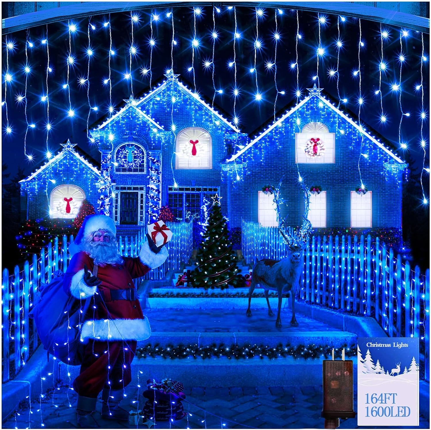 FLVOECN LED Outdoor Christmas Lights, 1600 LED, 164FT, 8 Modes, Timer, Waterproof, Blue, Model BG-CL3M3-306L01